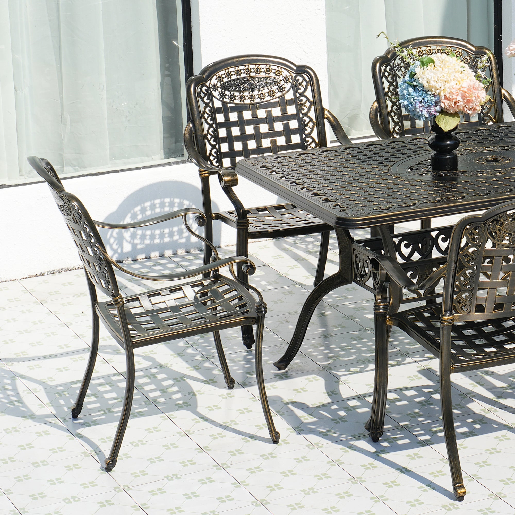 Cast Aluminium Patio Chairs Set of 2 White/Bronze Aluminum Frame Stationary Dining Chair with Mesh Seat