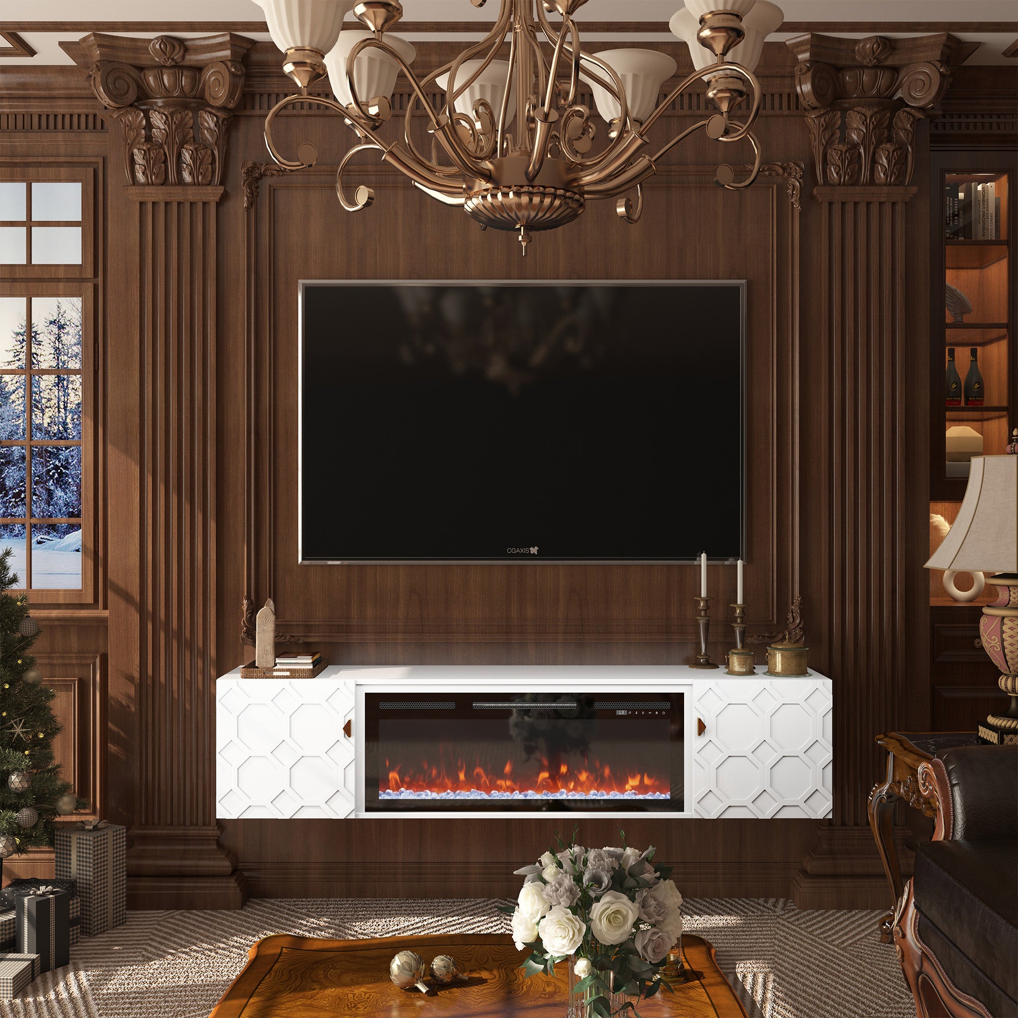 67.32-in W White Fan-forced Electric Fireplace , 5 levels of brightness adjustment, 14 charcoal bed effects