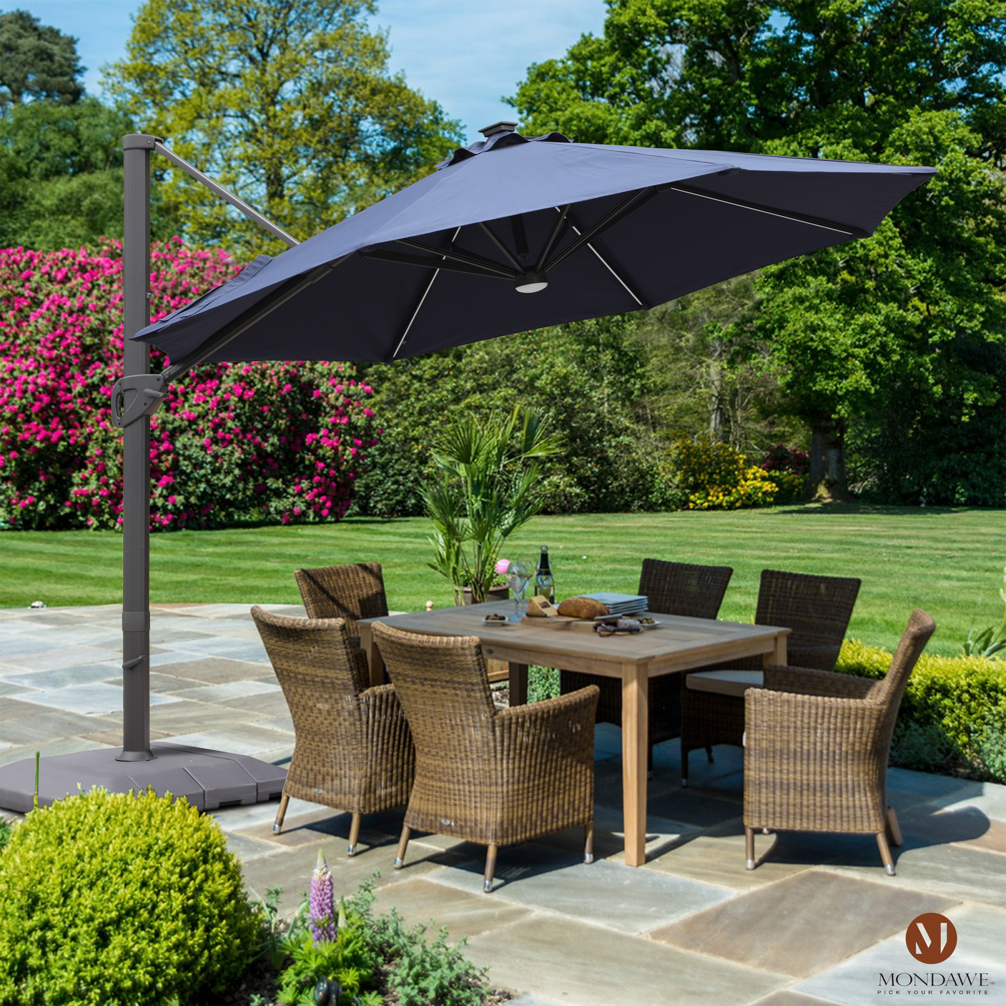 Mondawe 11 ft. Aluminum 360° Rotation Cantilever Patio Umbrella with Led Lights and Base for Balcony-Mondawe
