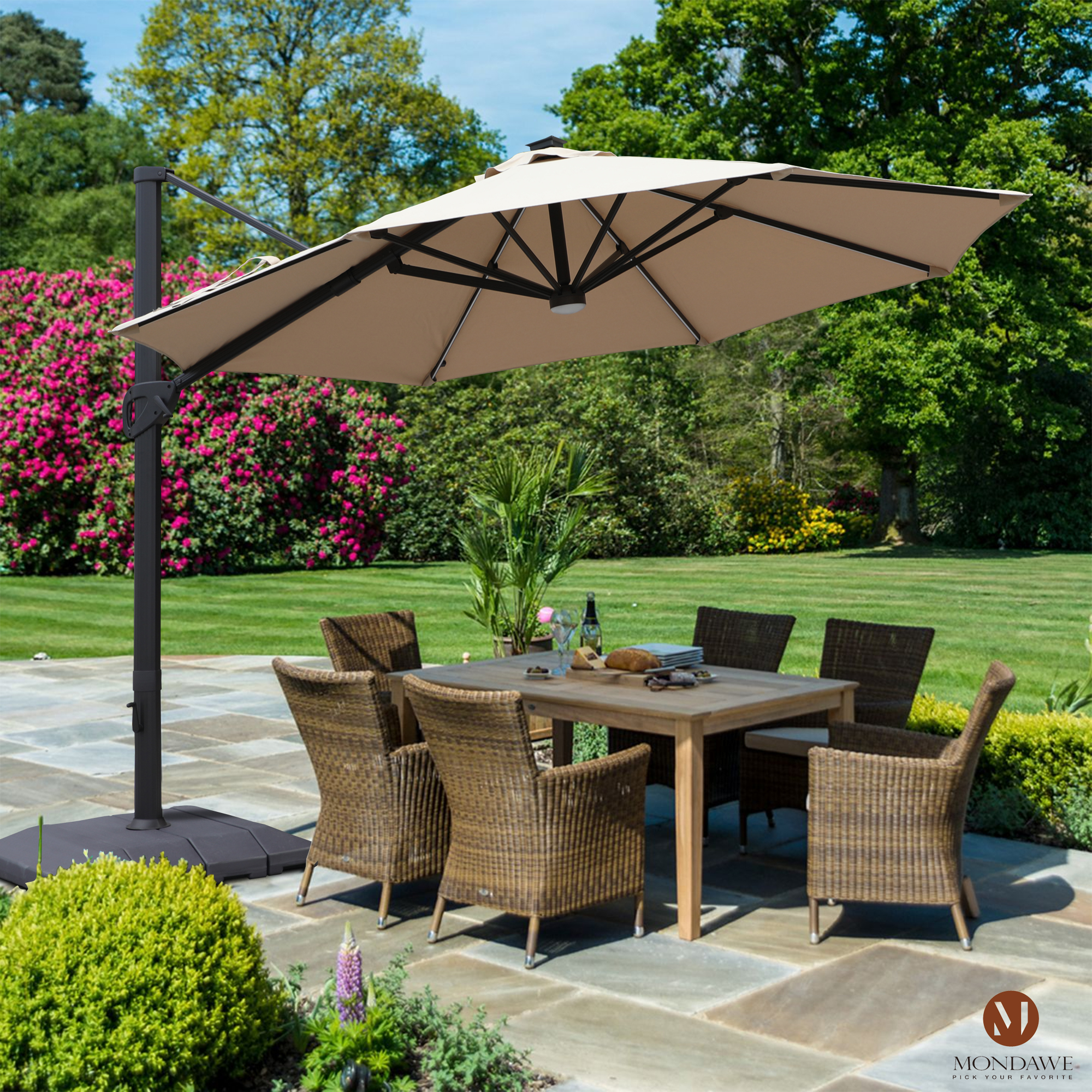 Mondawe 11 ft. Aluminum 360° Rotation Cantilever Patio Umbrella with Led Lights and Base for Balcony-Mondawe