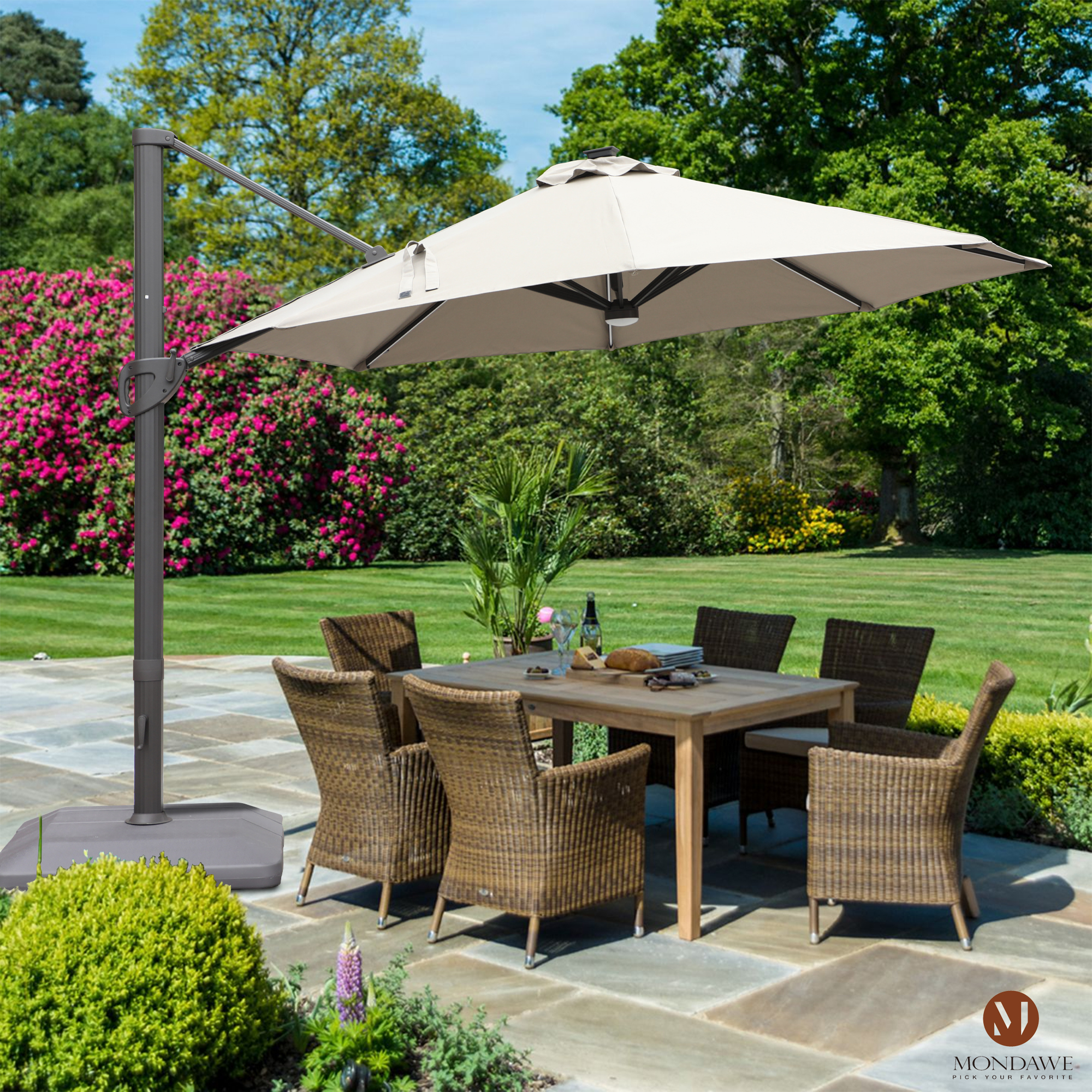 Mondawe 11 ft. Aluminum 360° Rotation Cantilever Patio Umbrella with Led Lights and Base for Balcony-Mondawe