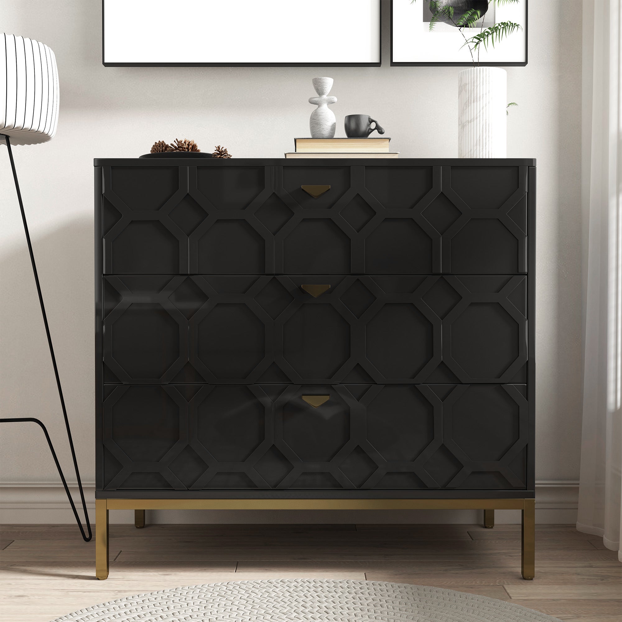 Boyel Living Honeycomb Wooden 3-Drawer Storage Cabinet Table in White