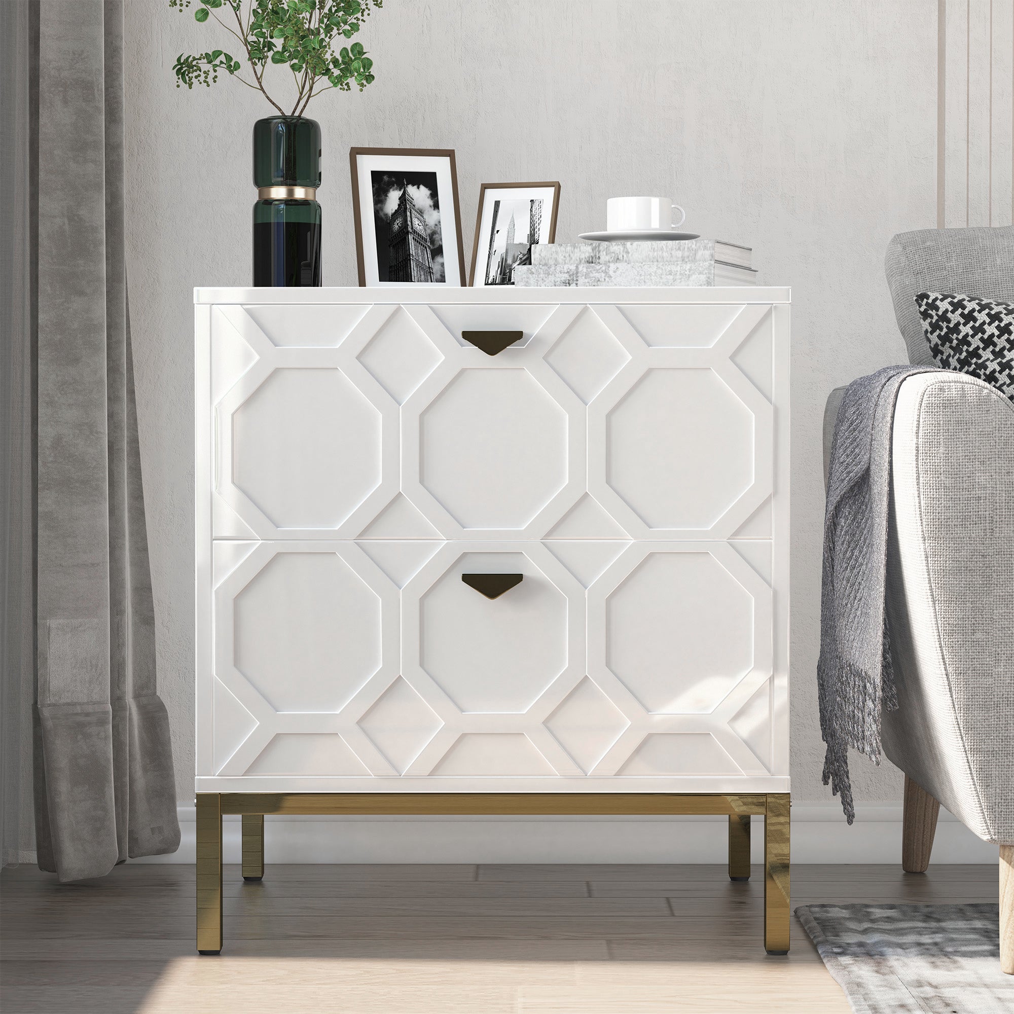 Boyel Living Honeycomb Wooden 2-Drawer Side Table in White