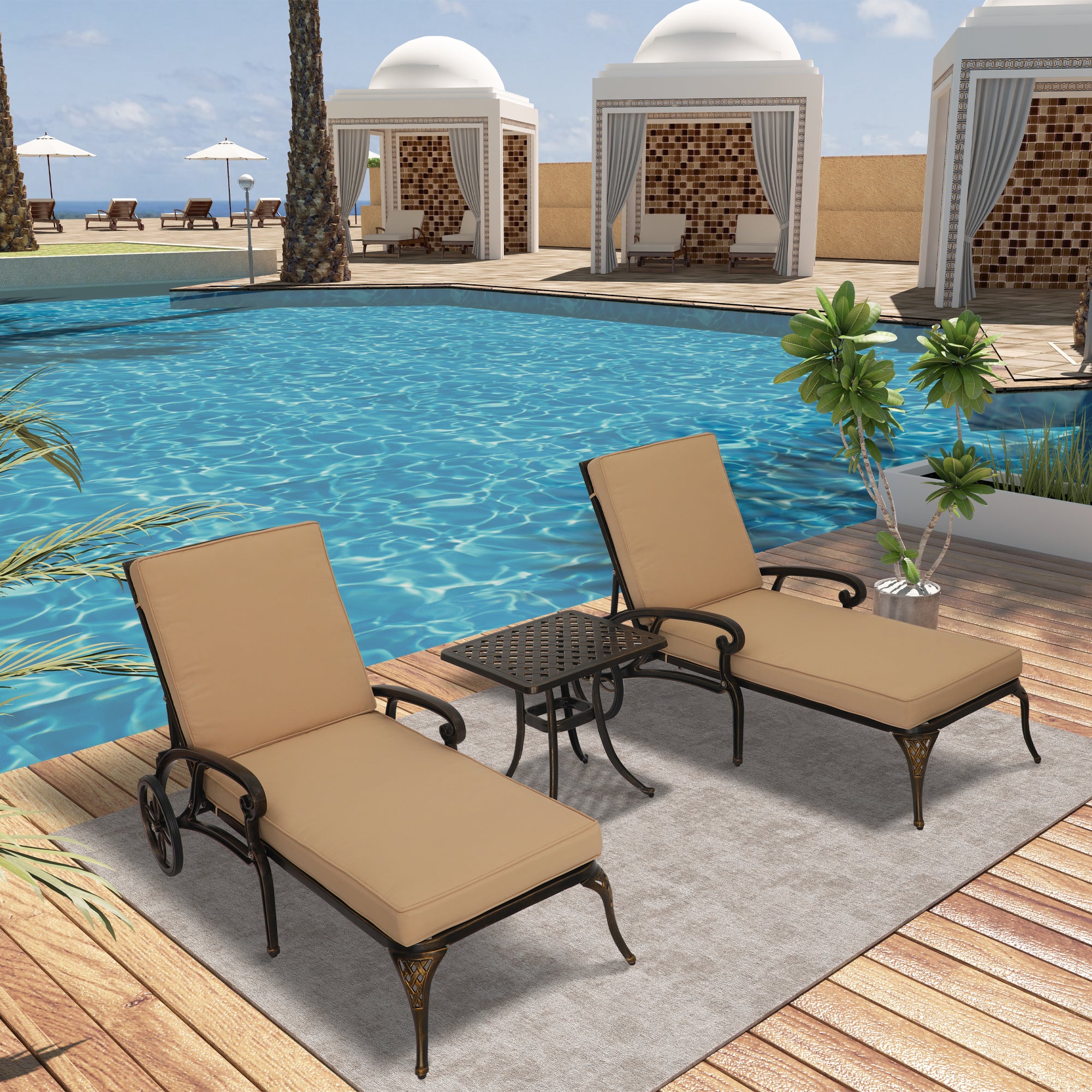 3-Piece Cast Aluminum Outdoor Chaise Lounge with Side Table and Beige/Red Cushion