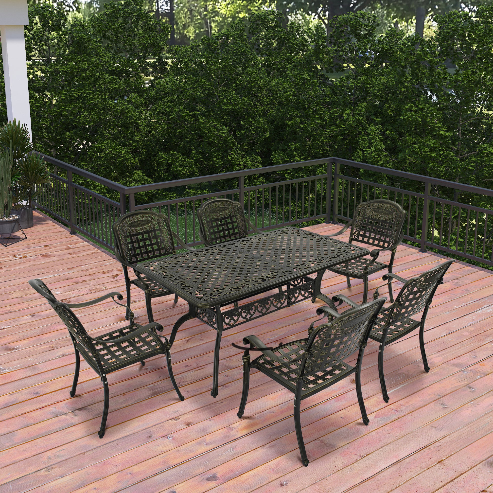 Mondawe Cast Aluminium Patio-Set 7-Piece Bronze Patio Dining Set Aluminum Rectangle Table with 6 Stationary Chairs