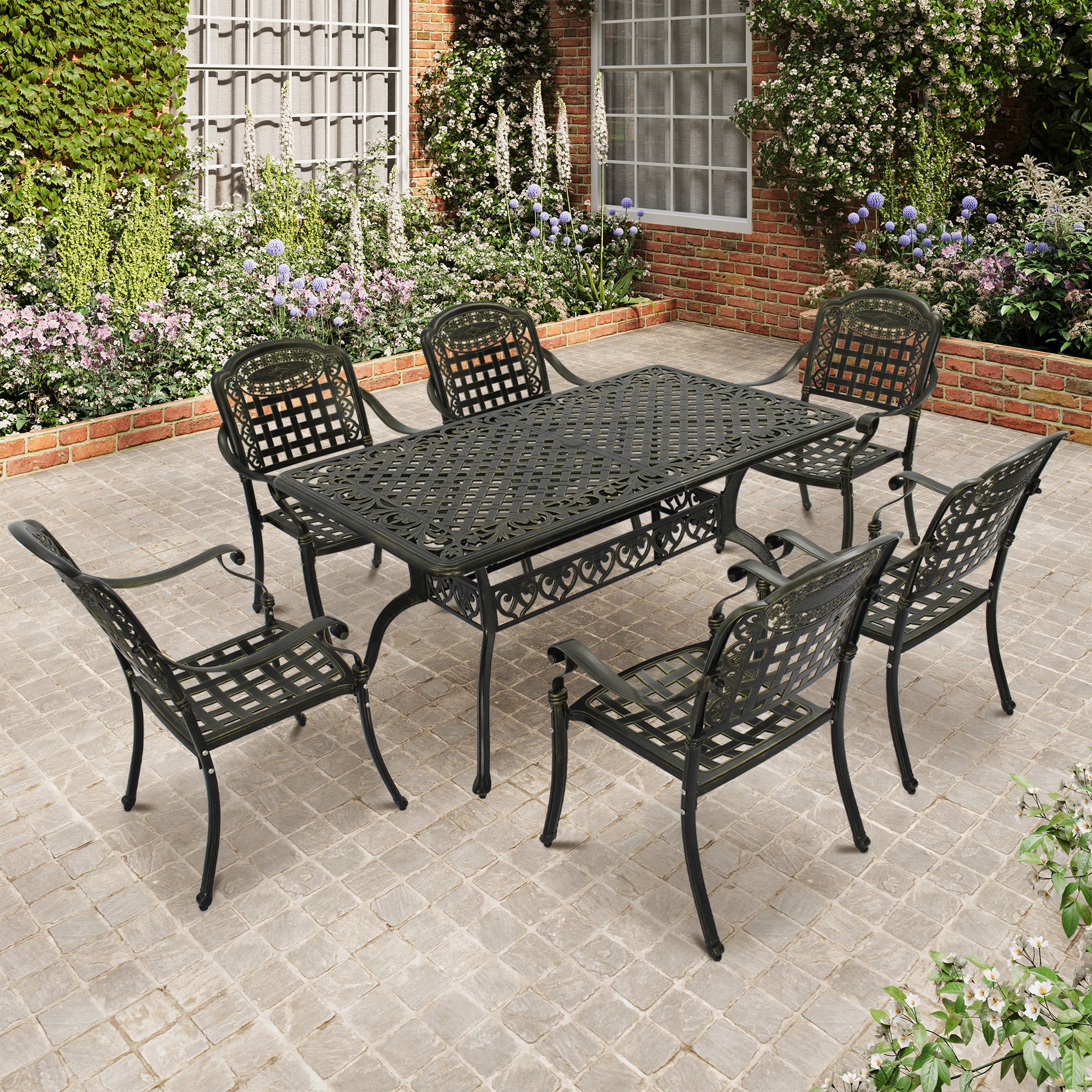 Mondawe Cast Aluminium Patio-Set 7-Piece Bronze Patio Dining Set Aluminum Rectangle Table with 6 Stationary Chairs