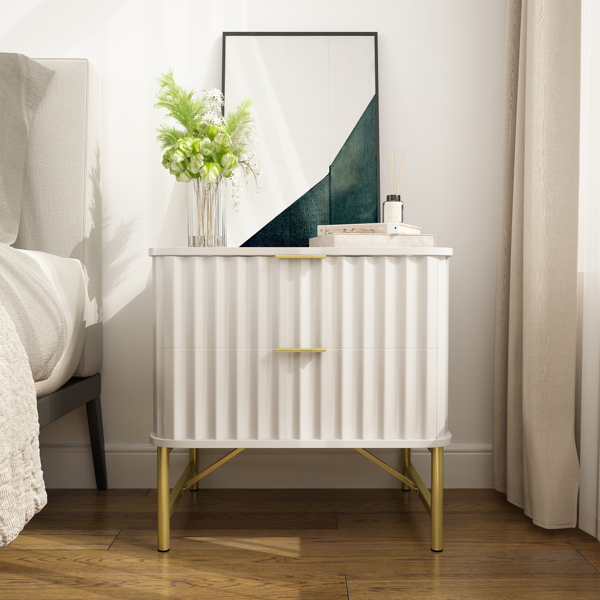 19 Inch Nightstand，Modern End Table with 2 Drawers，2 Tier Side Table with Gold Legs for Bedroom, Living Room, Black