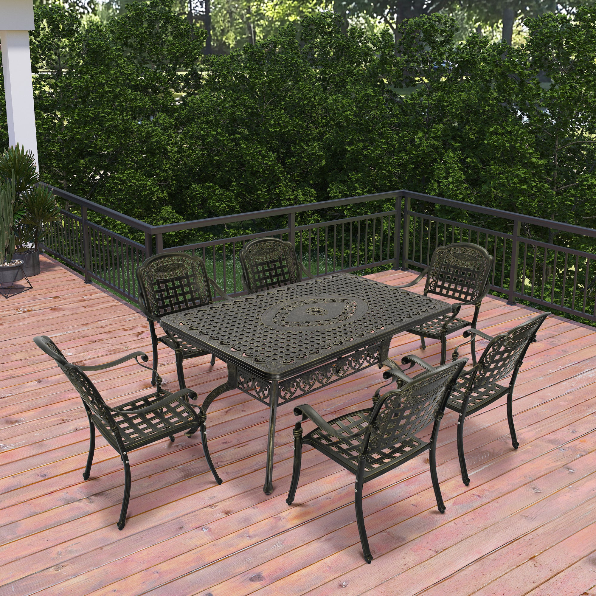 Cast Aluminium Patio-Set 7-Piece Bronze Patio Dining Set Aluminum Rectangle Table with 6 Stationary Chairs