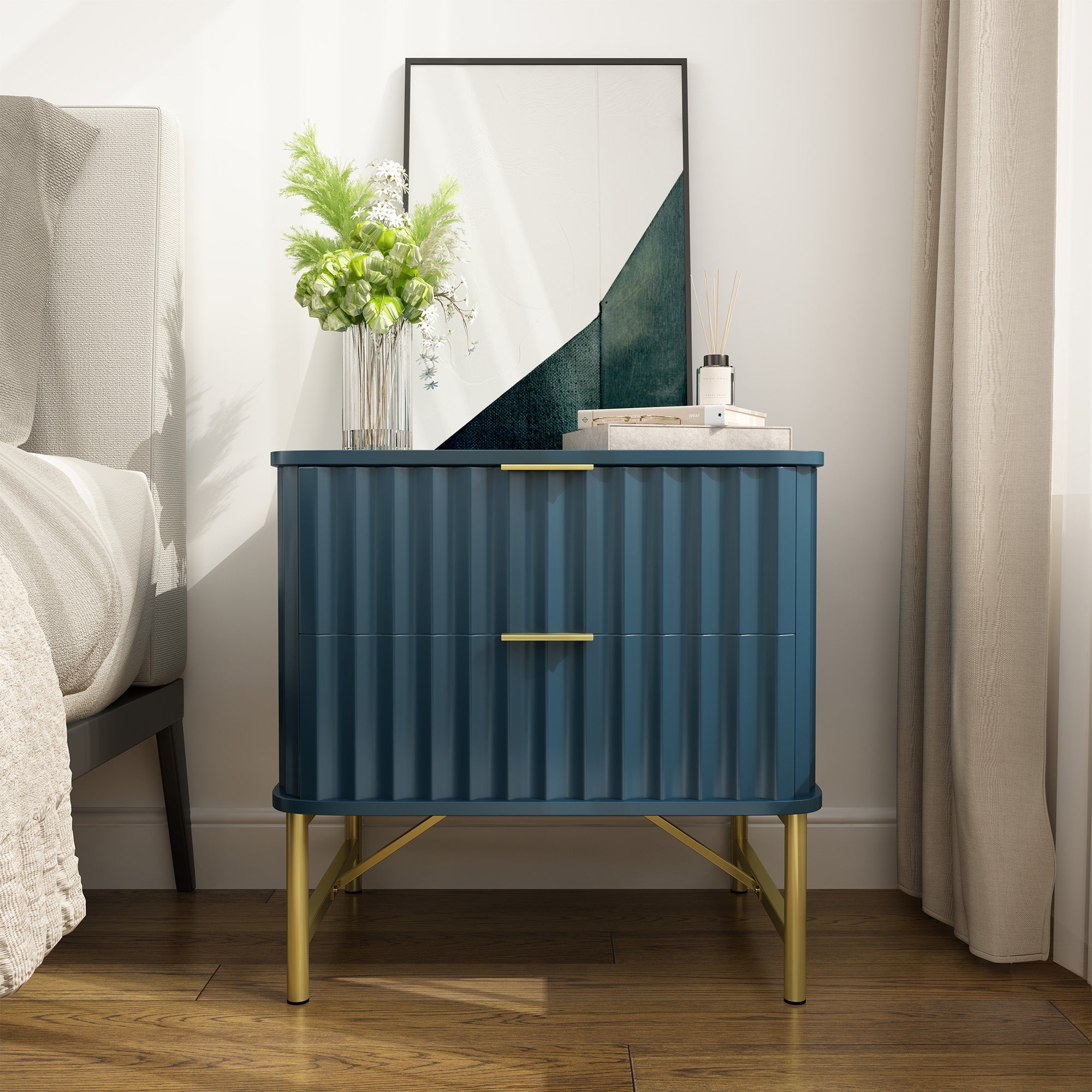 19 Inch Nightstand，Modern End Table with 2 Drawers，2 Tier Side Table with Gold Legs for Bedroom, Living Room, Black