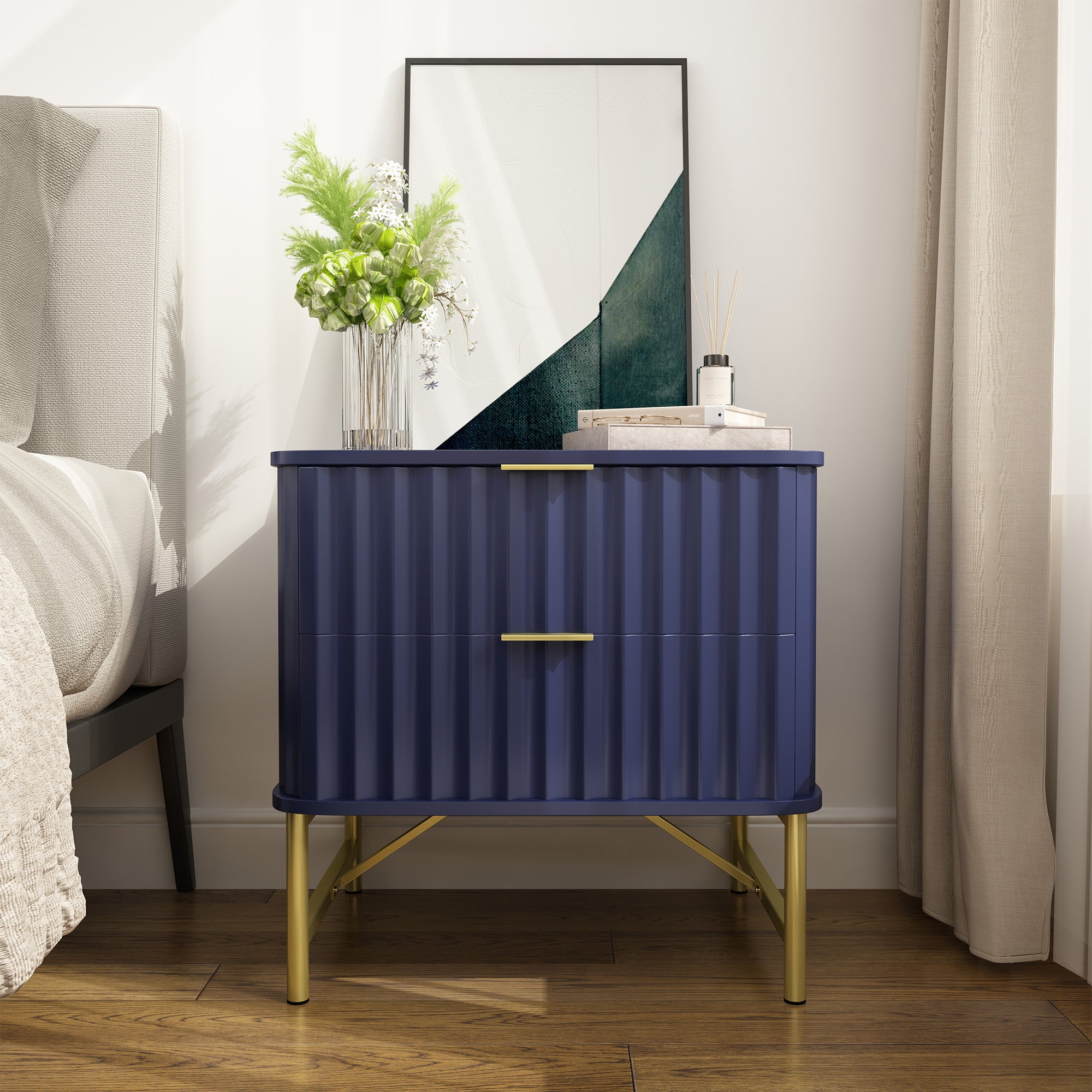 19 Inch Nightstand，Modern End Table with 2 Drawers，2 Tier Side Table with Gold Legs for Bedroom, Living Room, Black