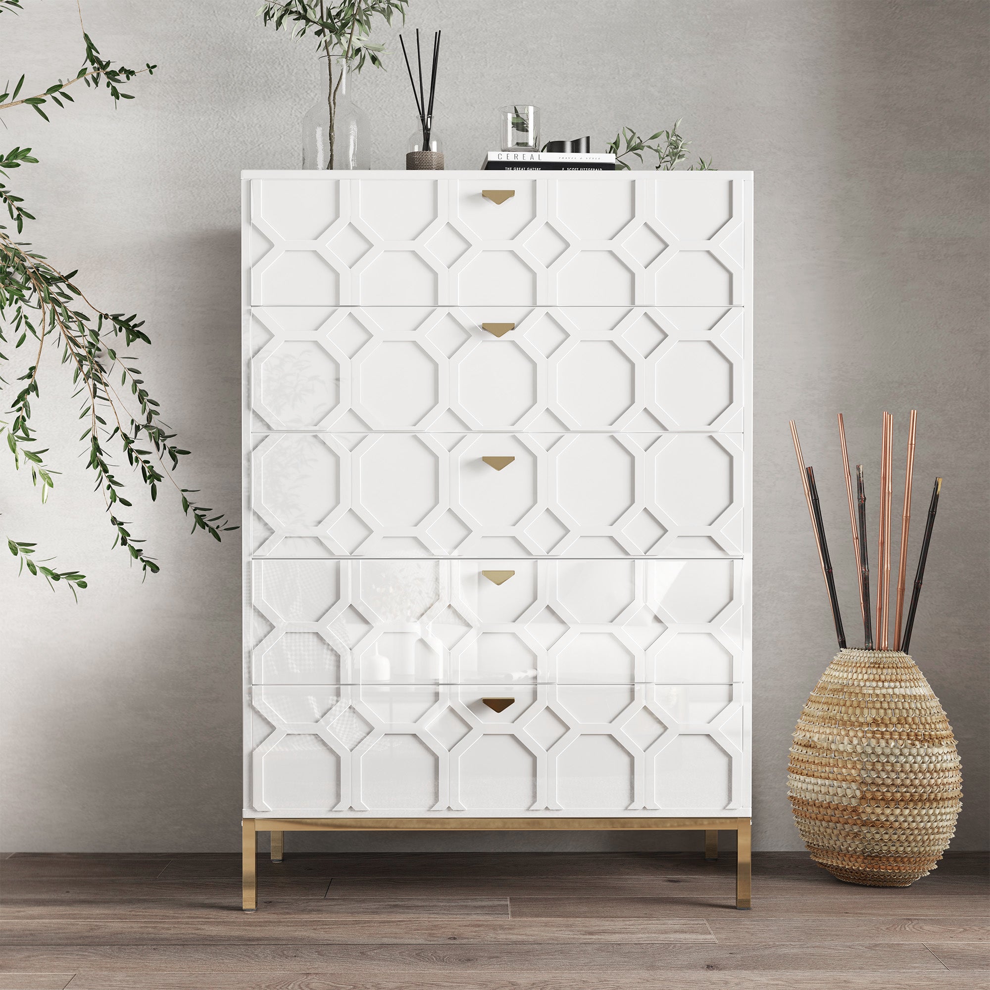 49.2 in. H Freestanding Storage Cabinet White 5 Drawer Accent Cabinet