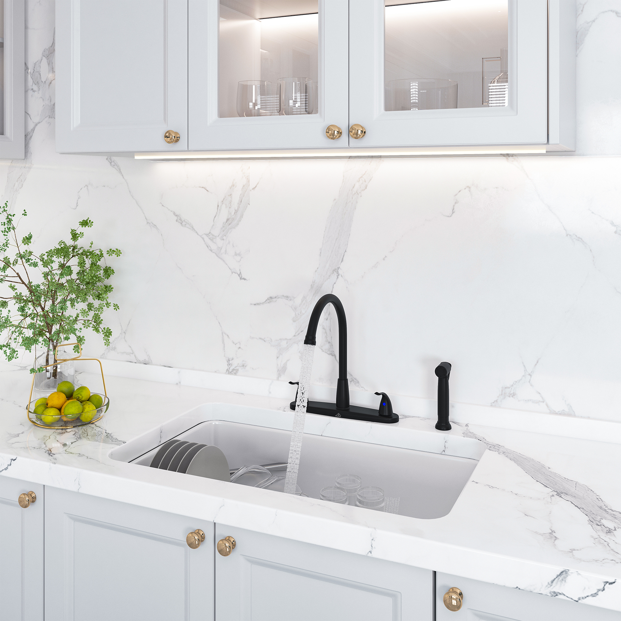 Double Handle Standard Kitchen Faucet with Side Sprayer in Matte Black