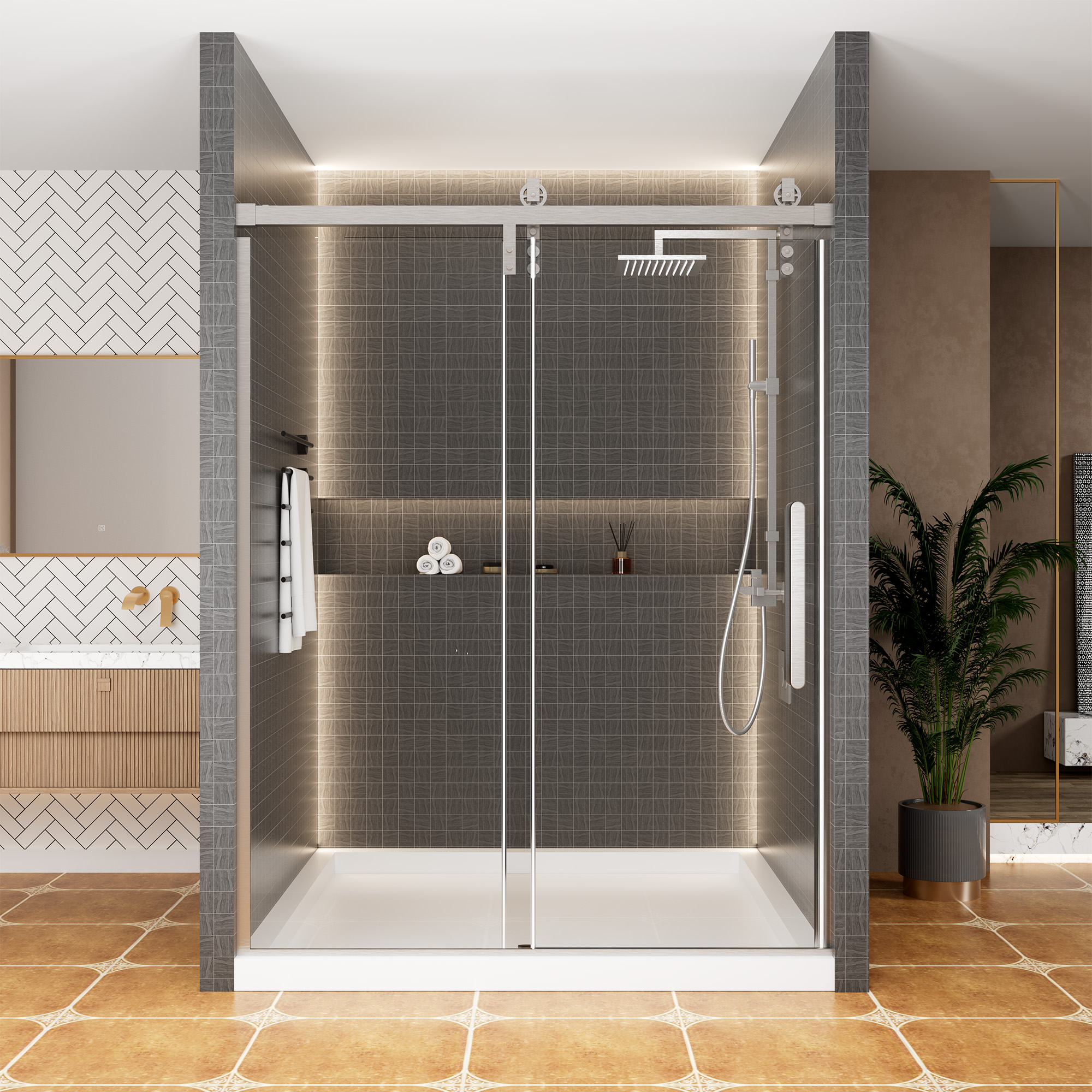 60.6"x 76" Framed Stainless Steel Shower Door with Reversible Installation