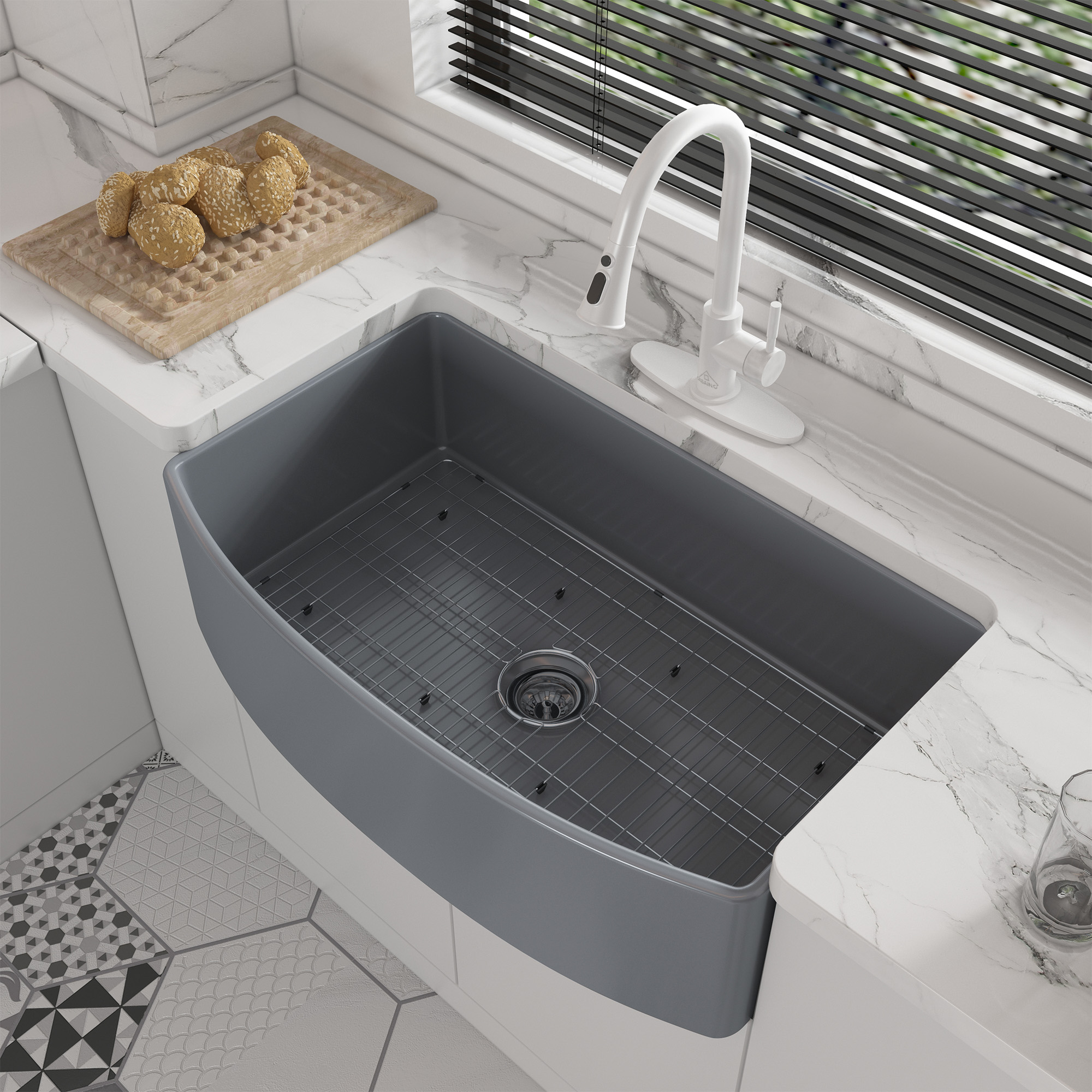 Boyel Living 33 in. Farmhouse/Apron-Front Single Bowl Matte Gray S3 Fine Fireclay Kitchen Sink with Bottom Grid and Strainer Basket