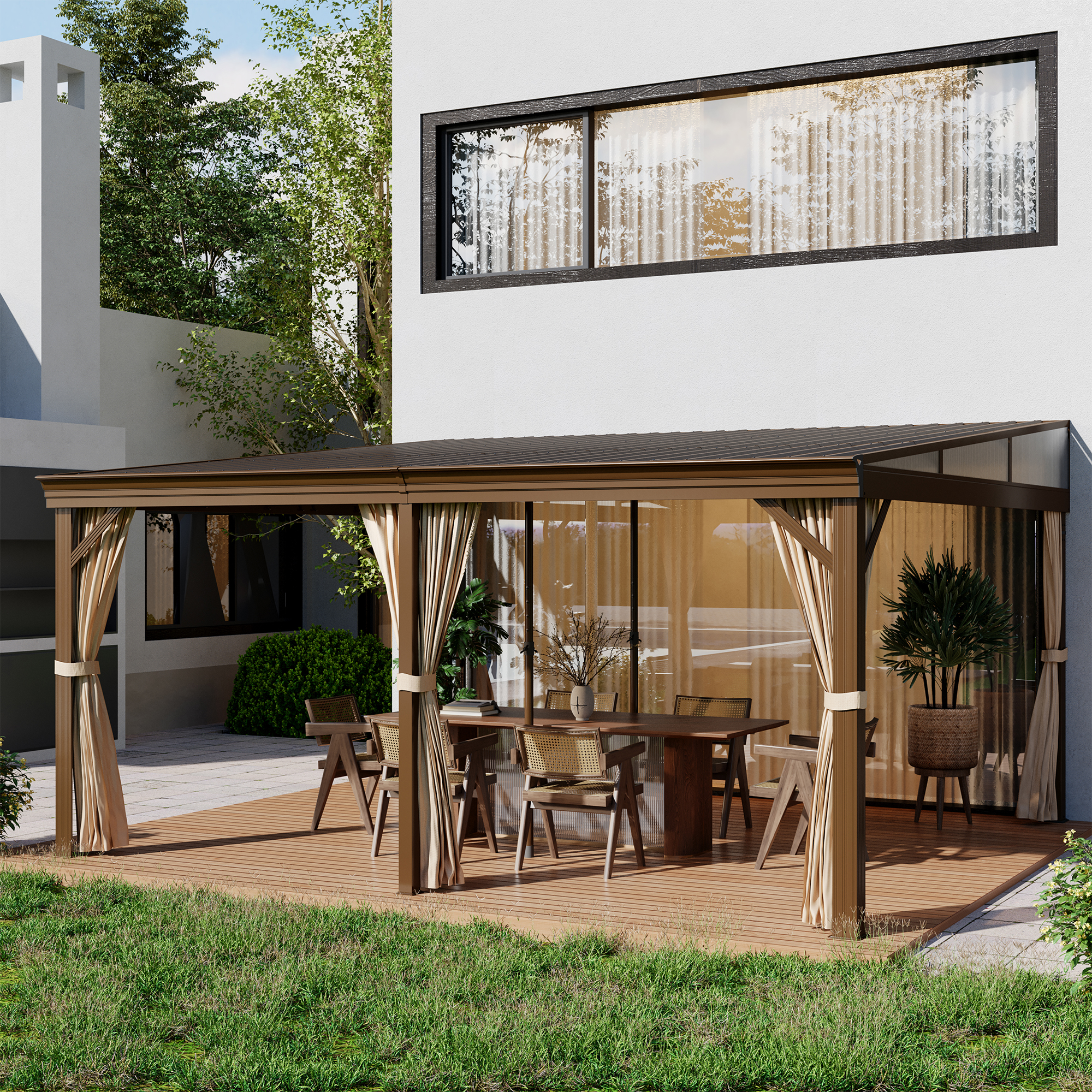 12x16FT Lean to Gazebo, Hardtop Wall Mounted Gazebo with Sloping Galvanized Steel Roof, Aluminum Frame, Drainage System, Curtains and Netting, for Patio, Deck, Garden, Backyard