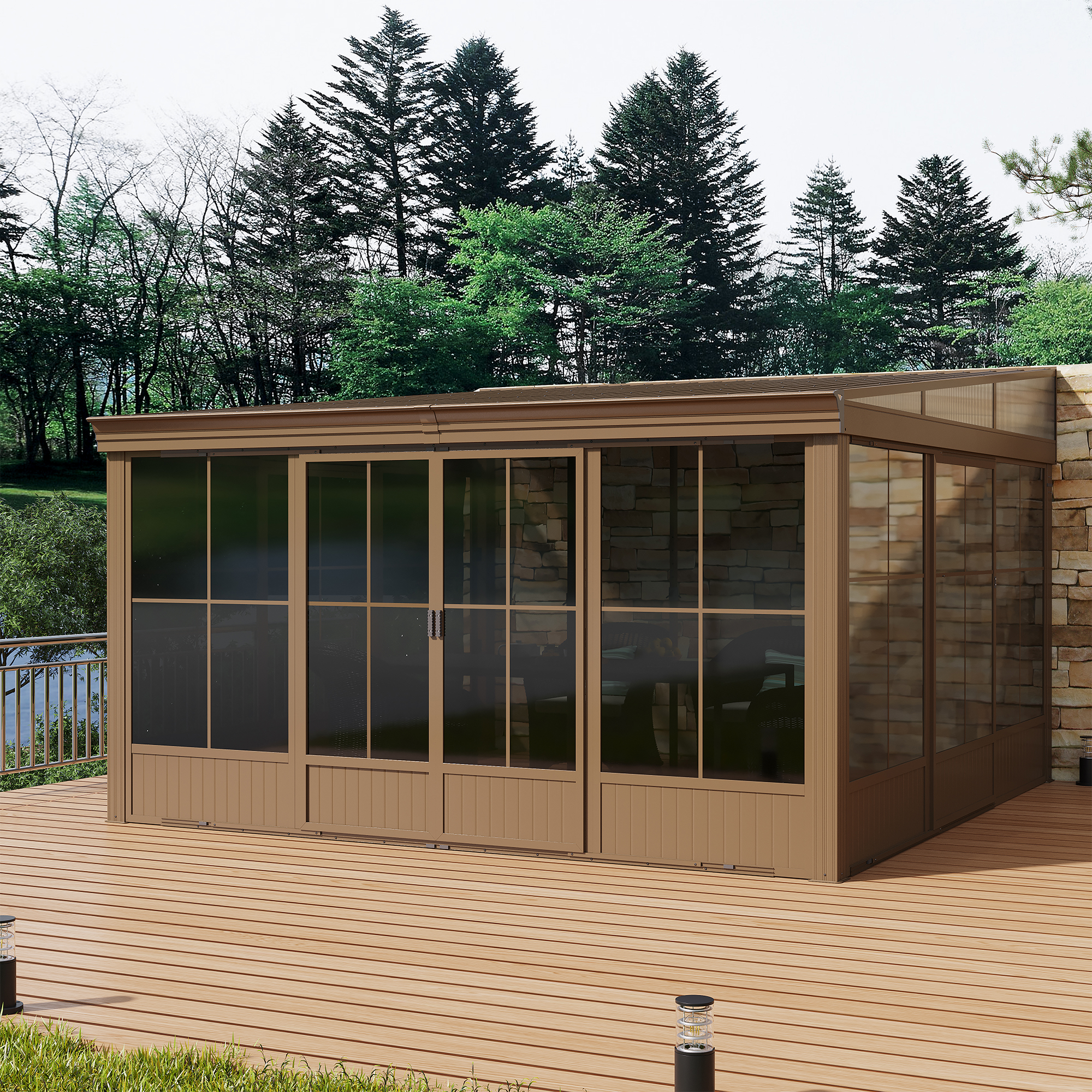 12x14FT Wall Mounted Sunroom, Against Wall Solarium with Galvanized Steel Sloping Roof, Detachable PVC Screen, Lockable Sliding Front and Side Doors, Lean-to Gazebo Sun Room for Deck Patio