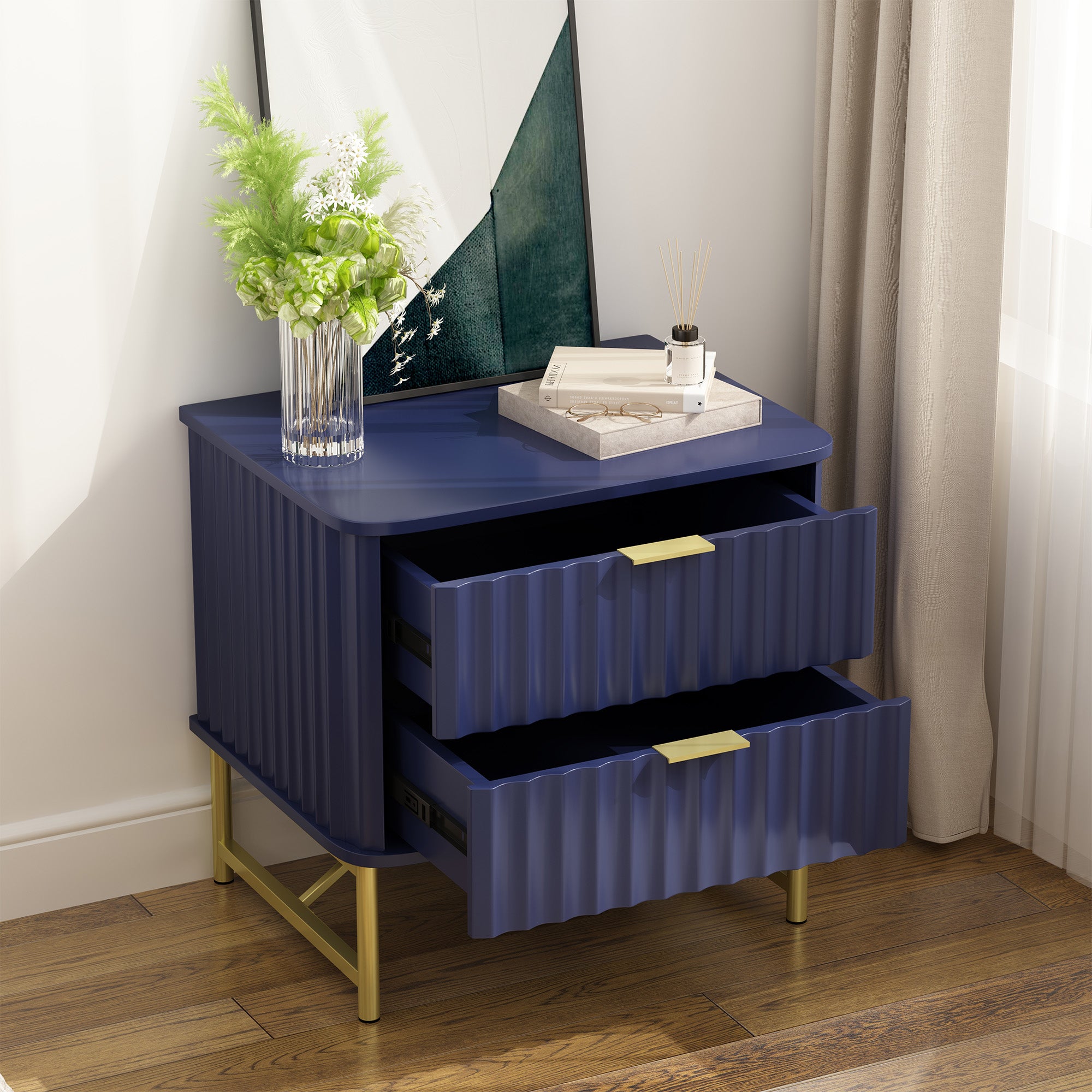 19 Inch Nightstand，Modern End Table with 2 Drawers，2 Tier Side Table with Gold Legs for Bedroom, Living Room, Black