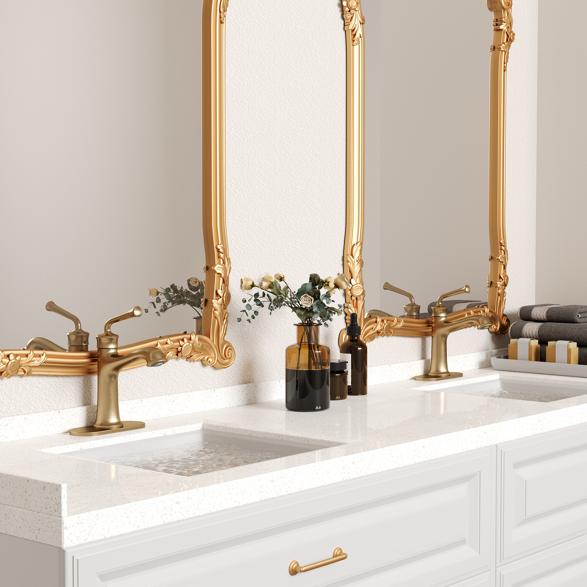 Single Handle Vessel Sink Faucet Single Hole Bathroom Faucet with Waterfall and Deck Plate in Brushed Gold