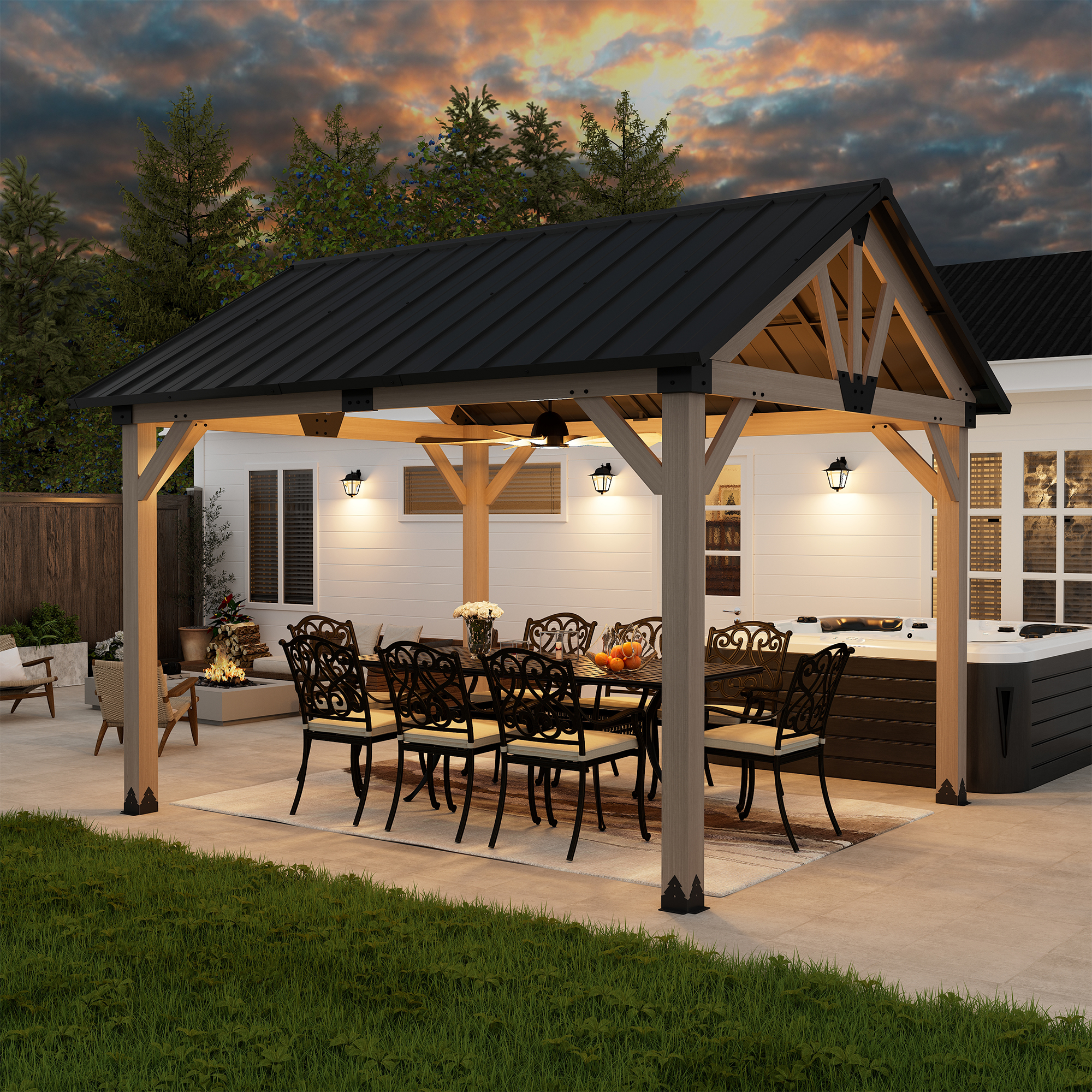 10 ft. x 12 ft. Outdoor Cedar Wood Frame Patio Gazebo Canopy Galvanized Steel Gable Hardtop Roof for Patio Lawn Backyard - Greenwich Serie