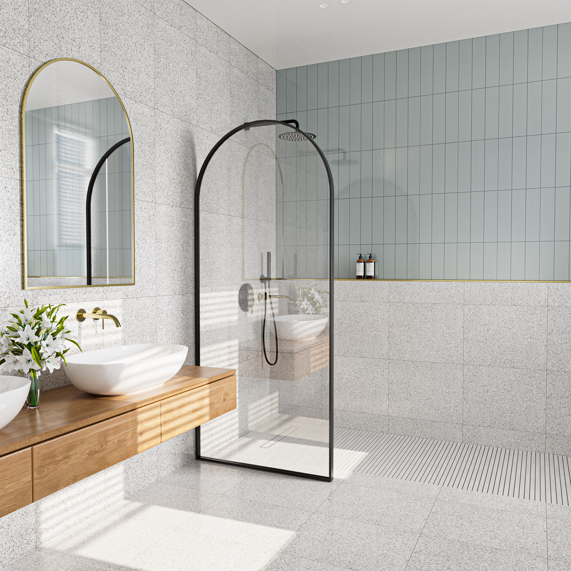 34"x78" Tempered Glass Shower Screen with Integrated Curved Frame