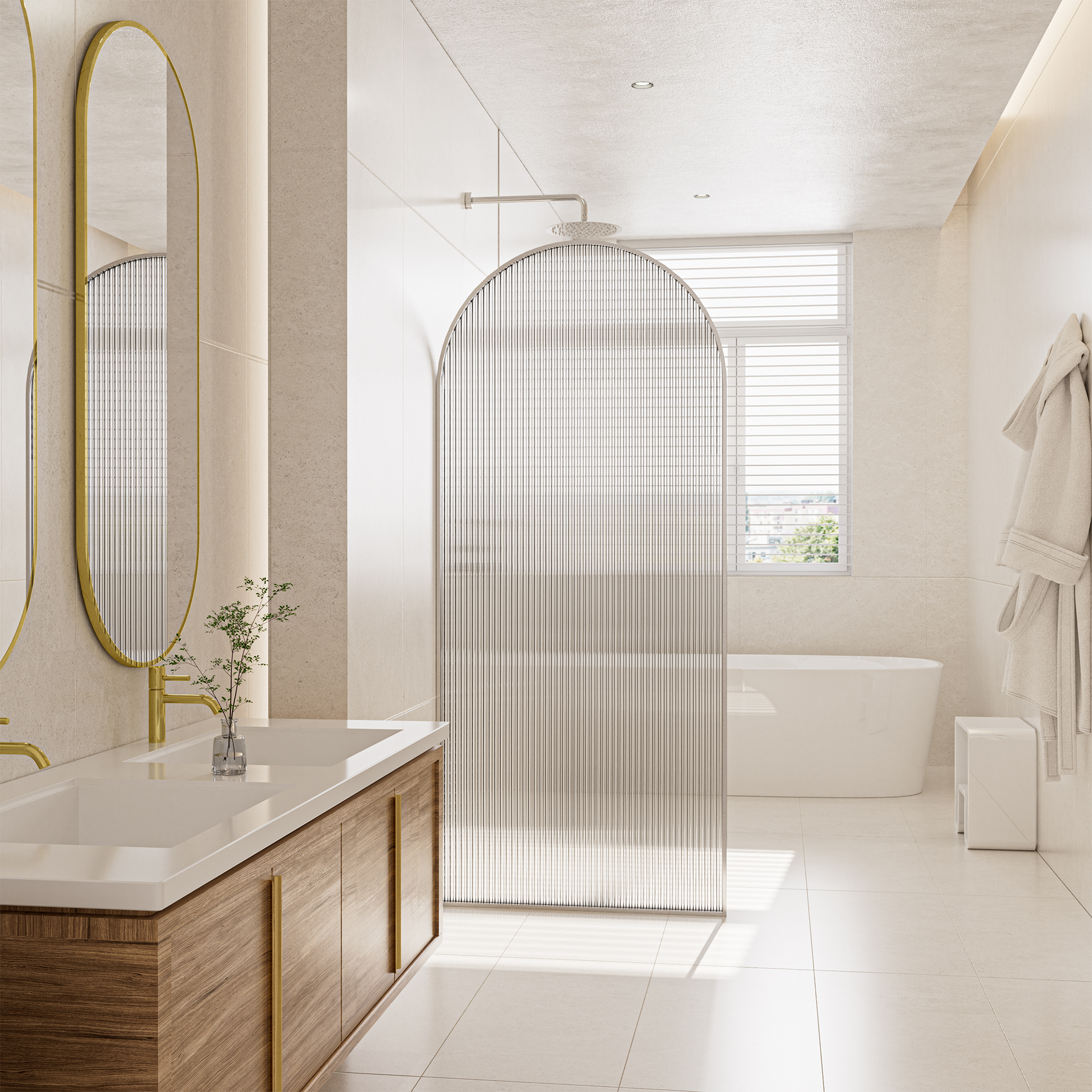 34"x78" Curved Frosted Glass Shower Screen with 10mm SGCC-Certified Tempered Glass