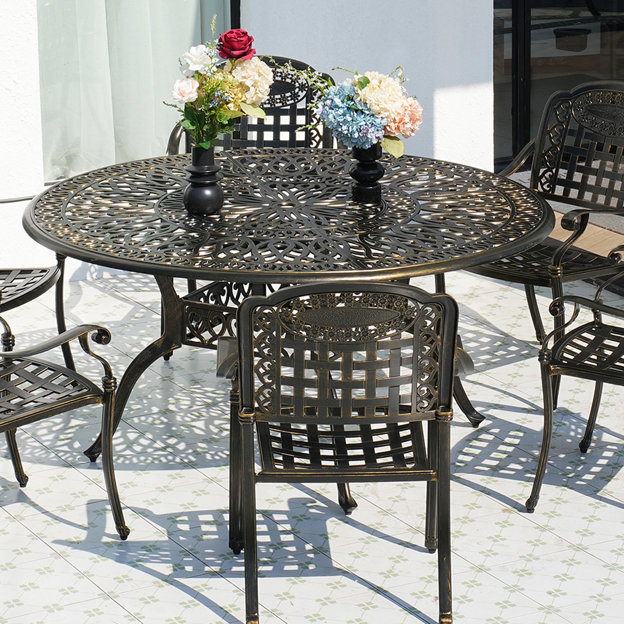 59. in Cast Aluminum Patio Round Dining Table with Umbrella Hole