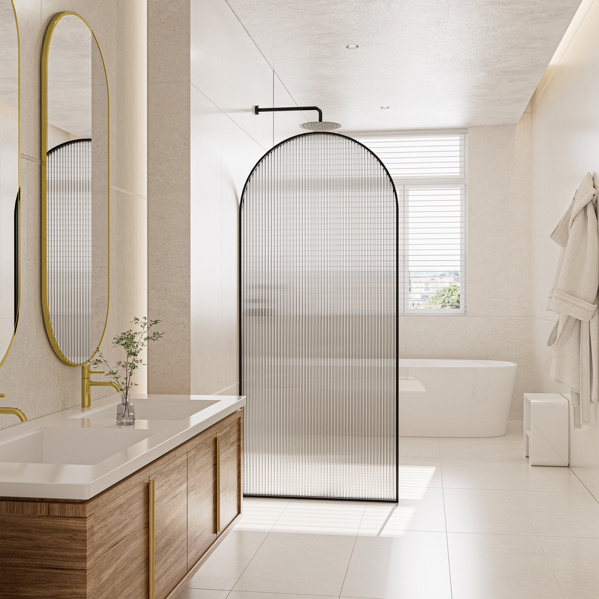 34"x78" Curved Frosted Glass Shower Screen with 10mm SGCC-Certified Tempered Glass