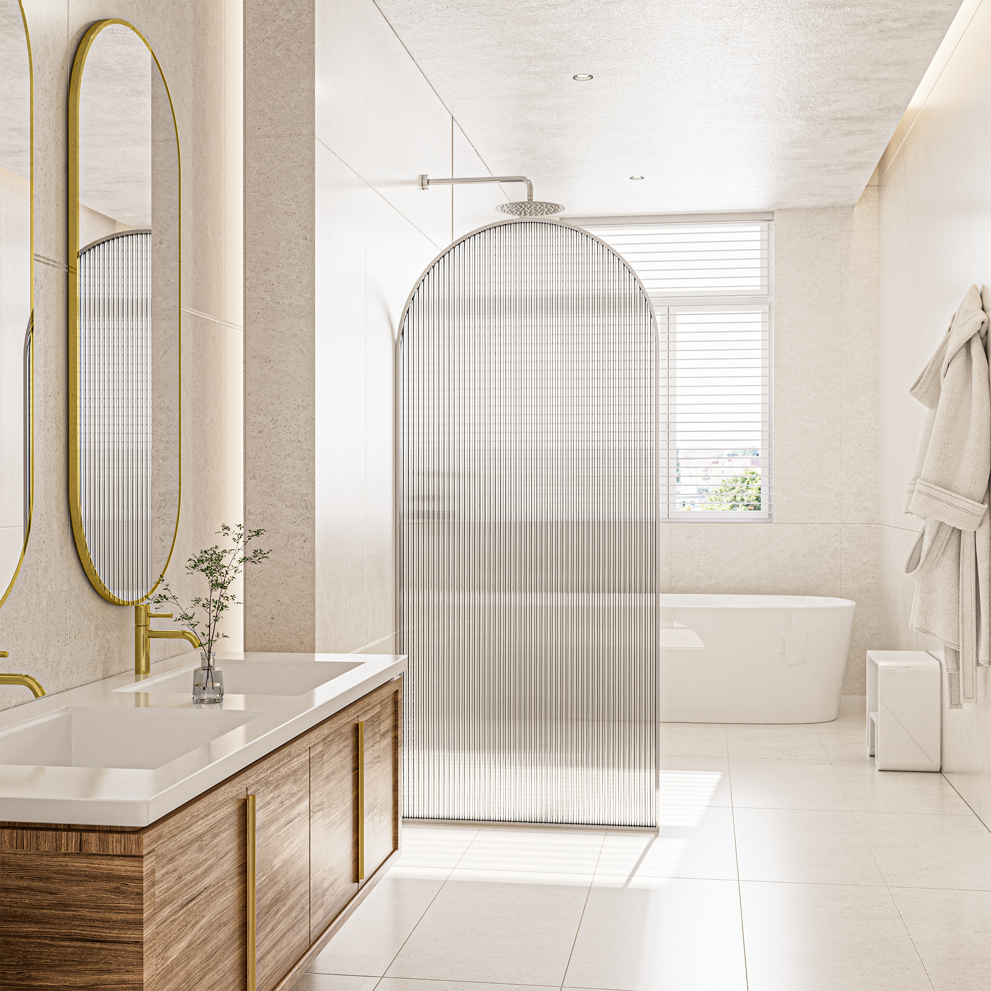 34"x78" Curved Frosted Glass Shower Screen with 10mm SGCC-Certified Tempered Glass