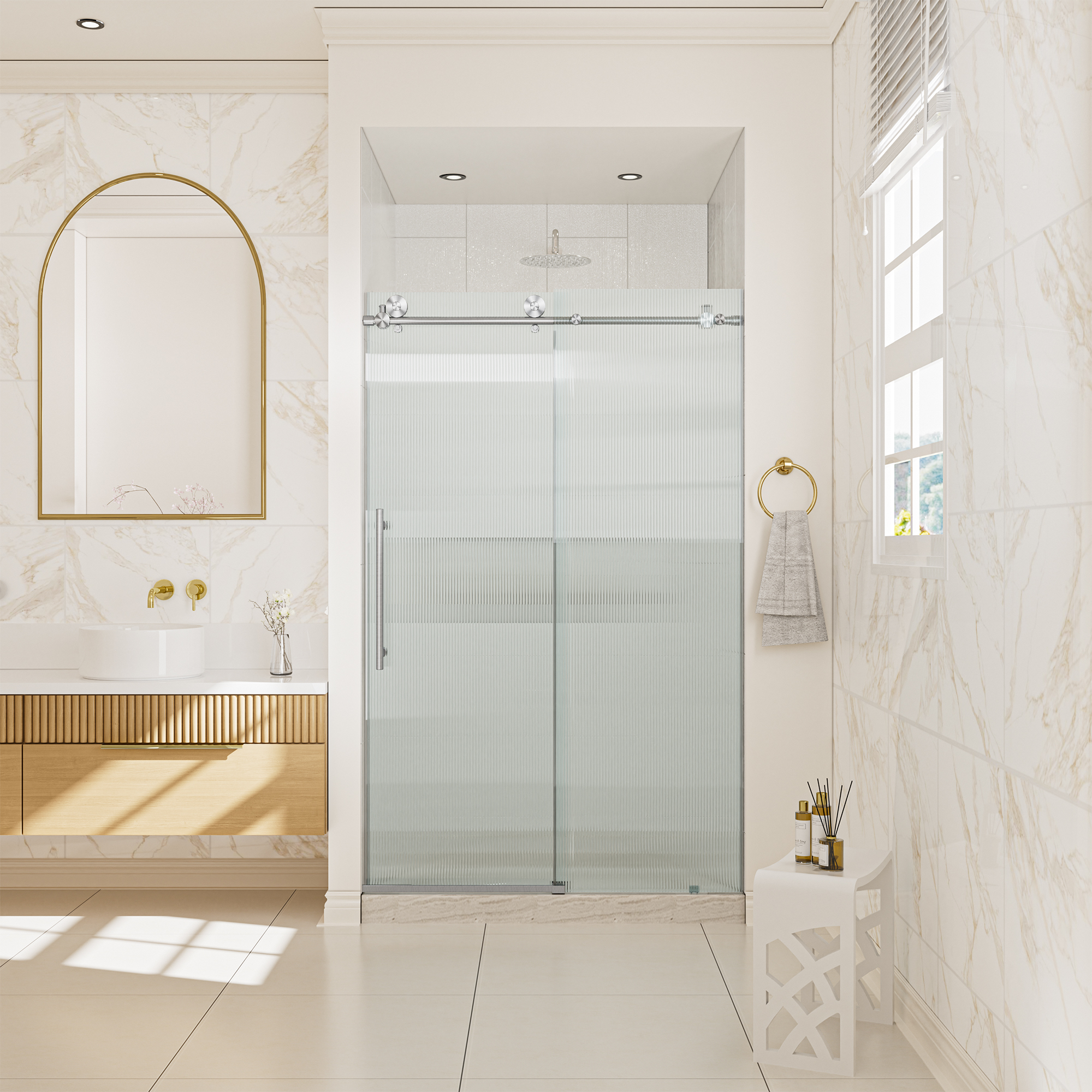 Double sliding frameless shower door with 10mm grooved tempered glass