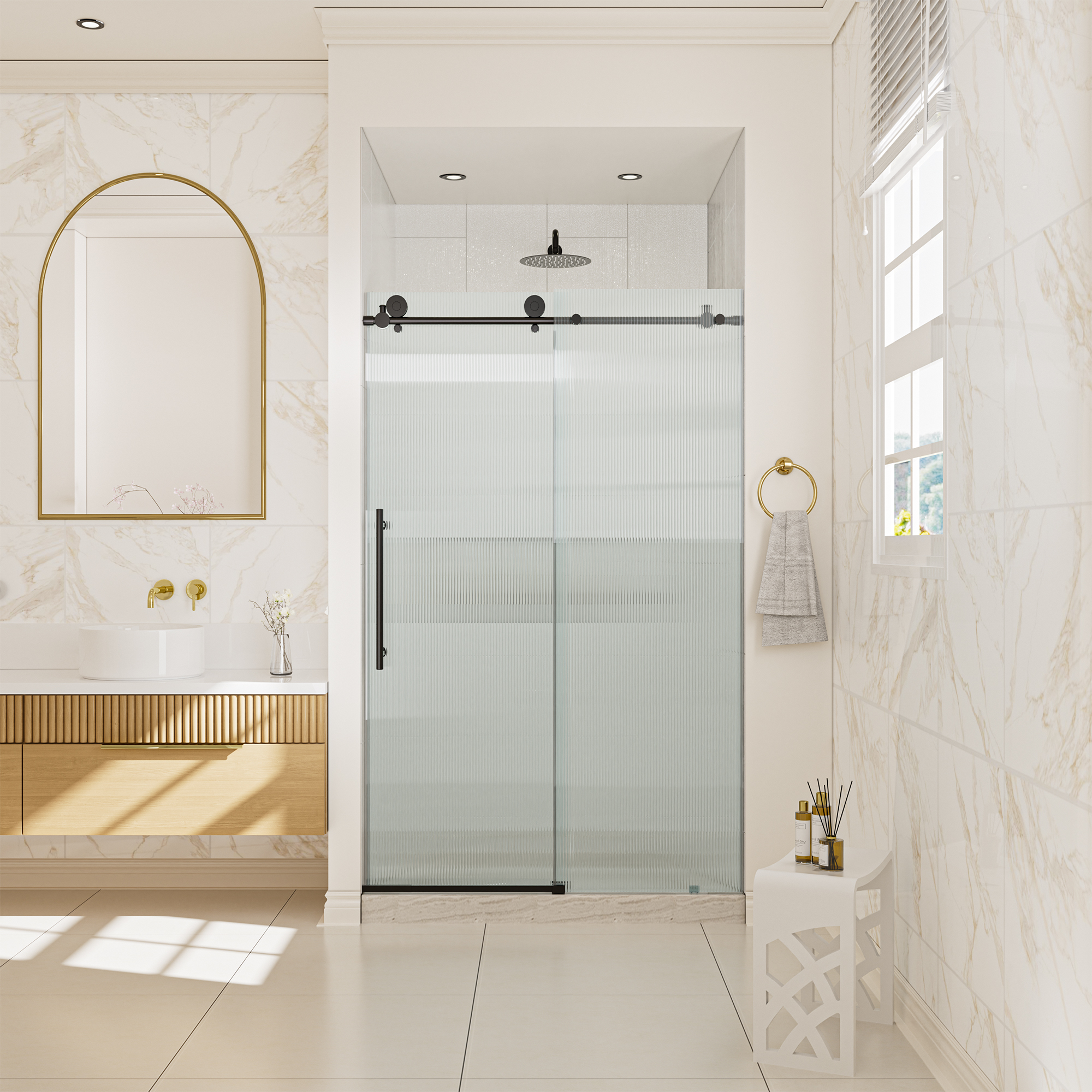Double sliding frameless shower door with 10mm grooved tempered glass