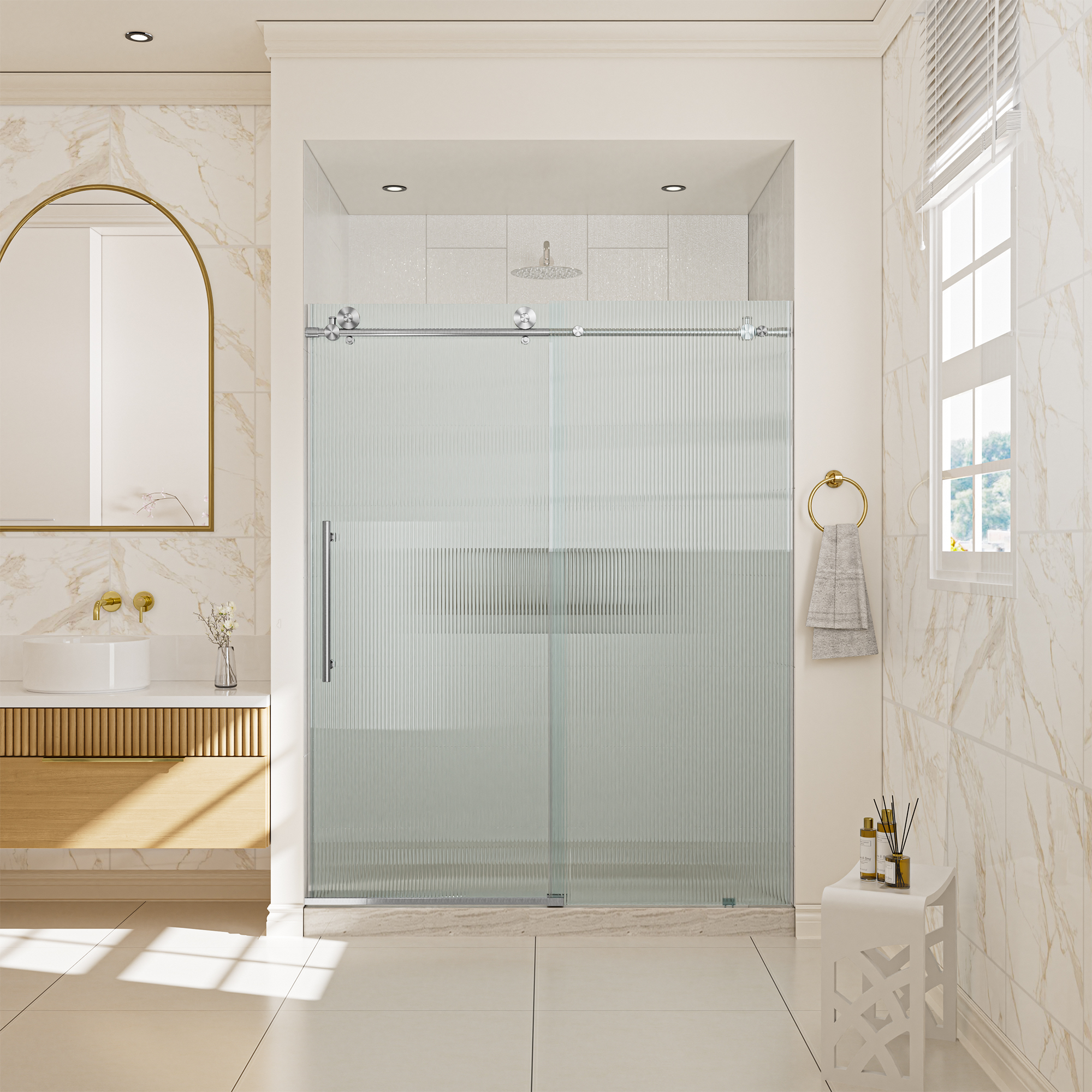 Double sliding frameless shower door with 10mm grooved tempered glass