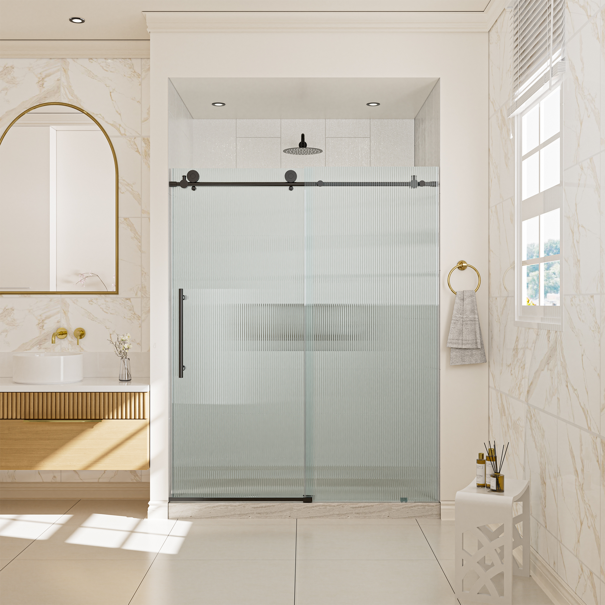 Double sliding frameless shower door with 10mm grooved tempered glass