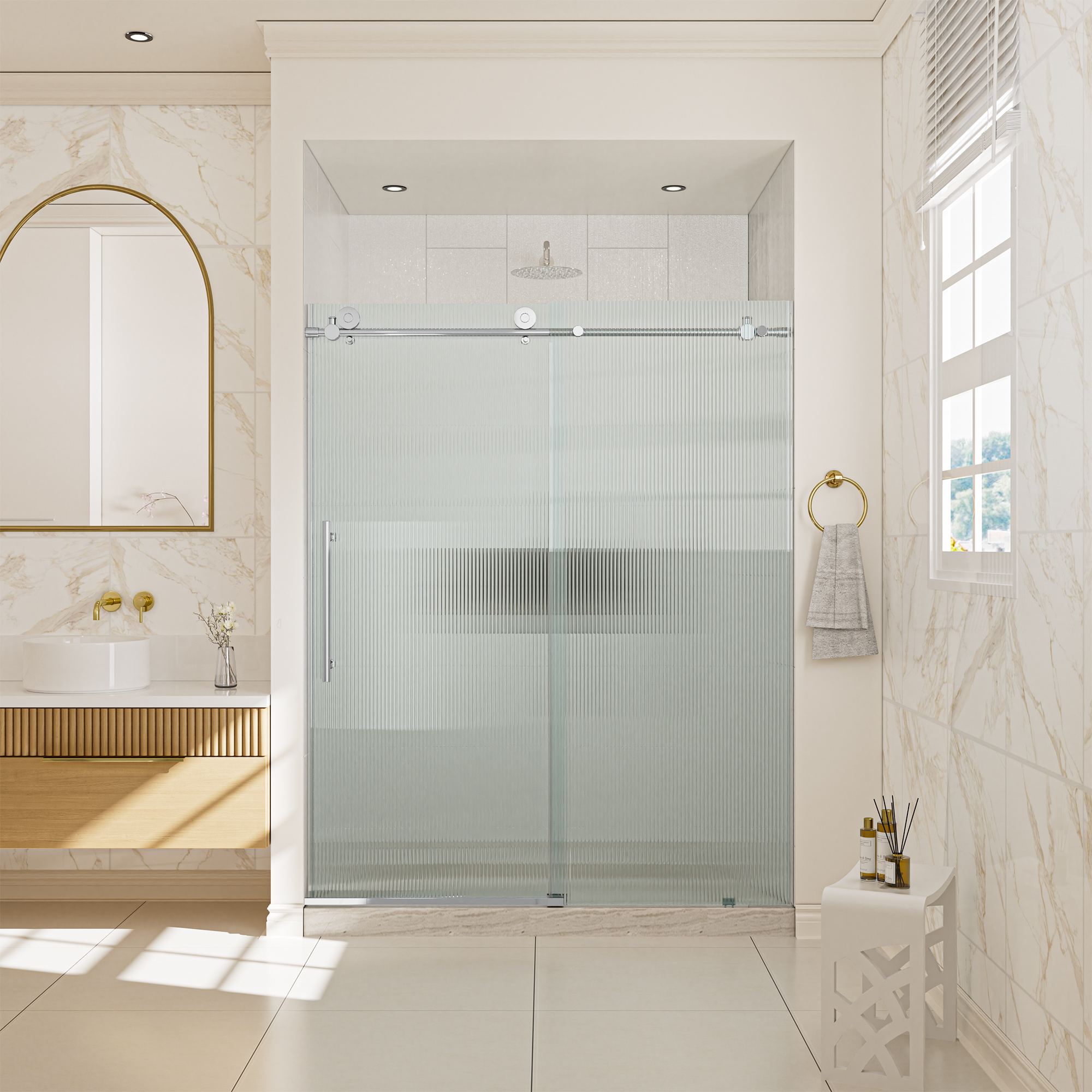 Double sliding frameless shower door with 10mm grooved tempered glass