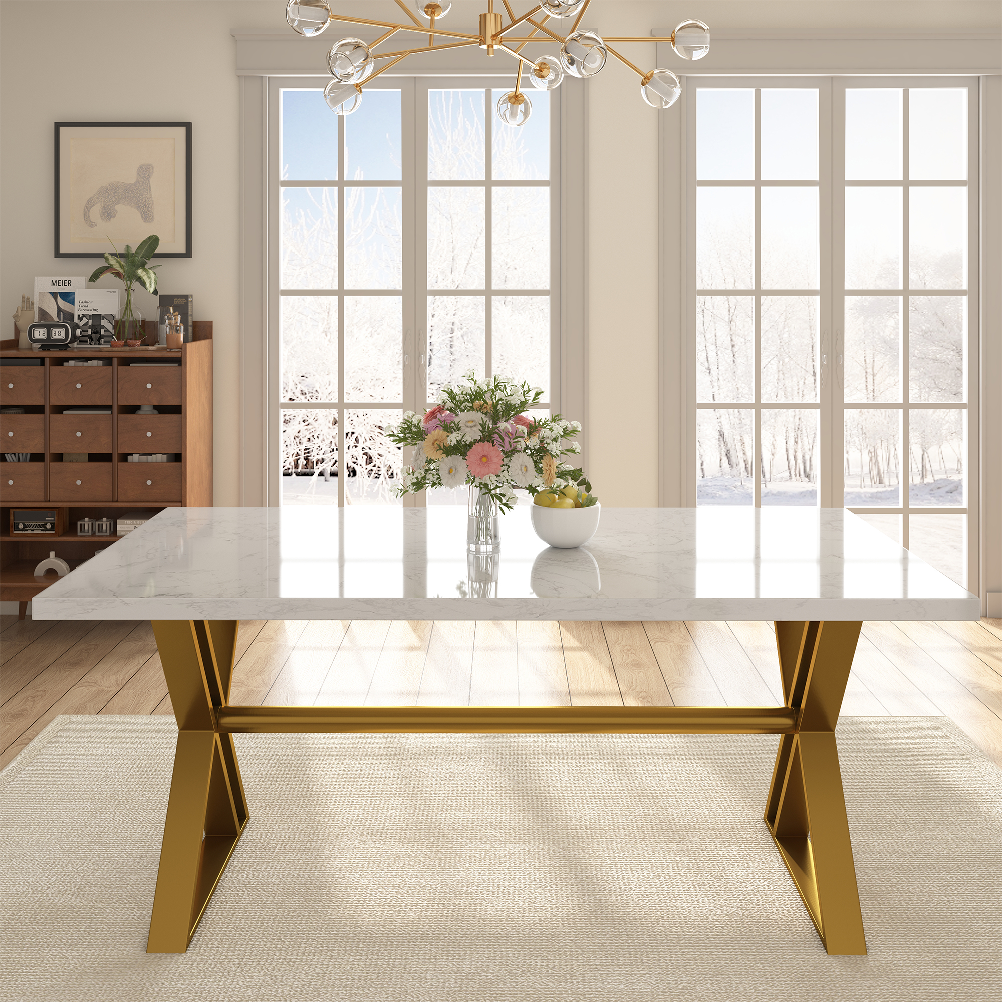 Brown/White Walnut Wood 70.87 in. Cross Legs Dining Table Seats-6