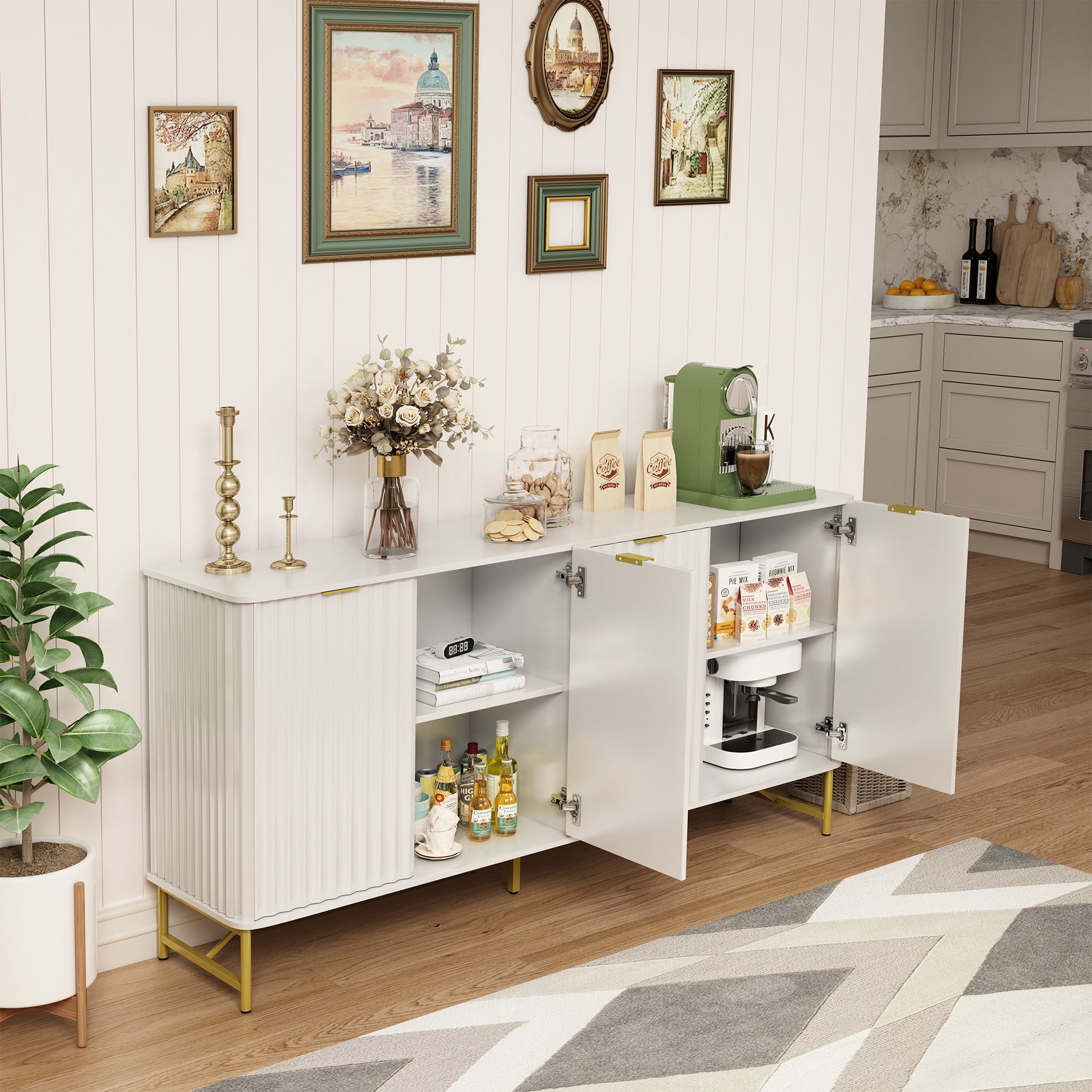 Storage Cabinet with 4 Doors，63 Inch Monden Accent Cabinet，Free-Standing Sideboard with Gold Legs for Hallway, Living Room