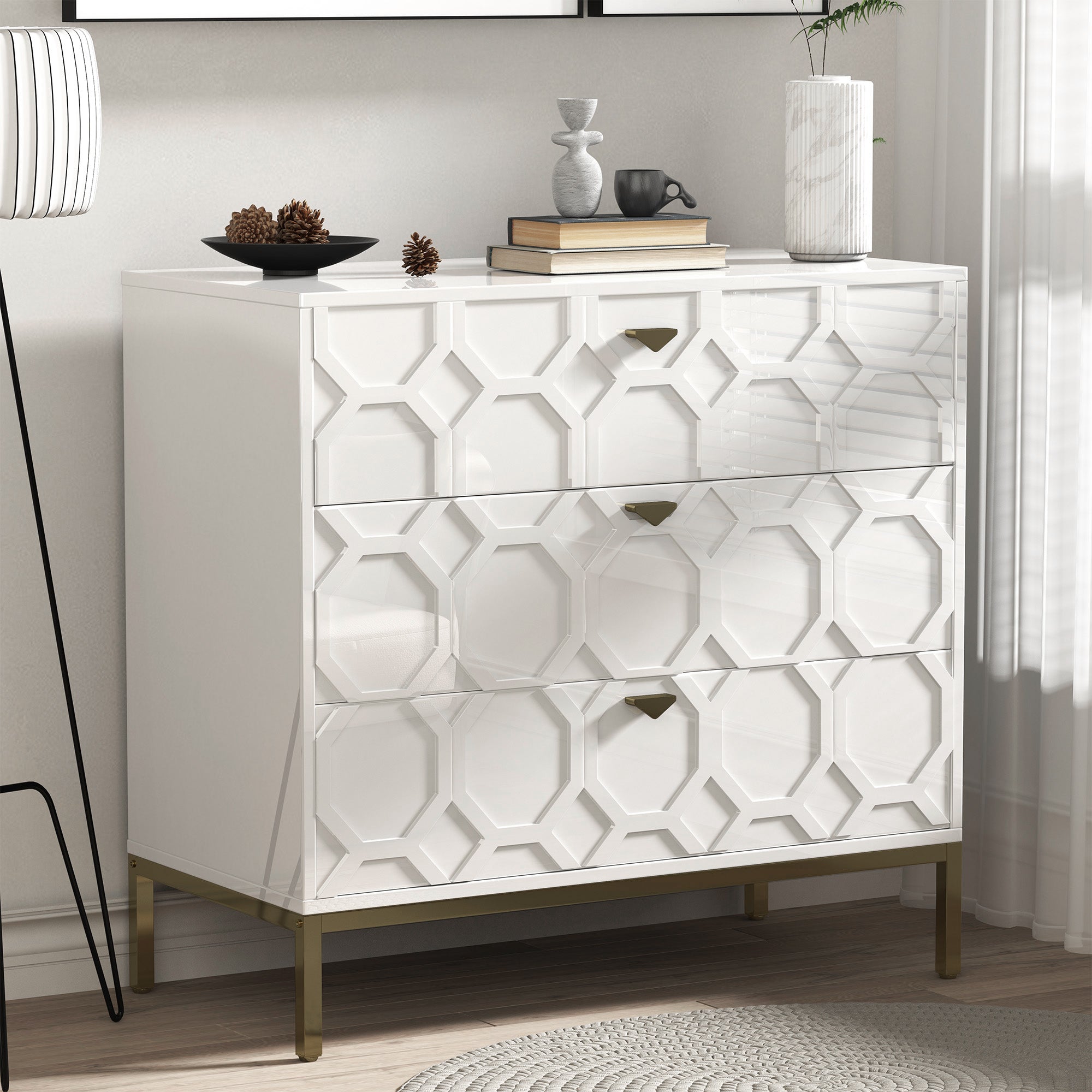 Boyel Living Honeycomb Wooden 3-Drawer Storage Cabinet Table in White