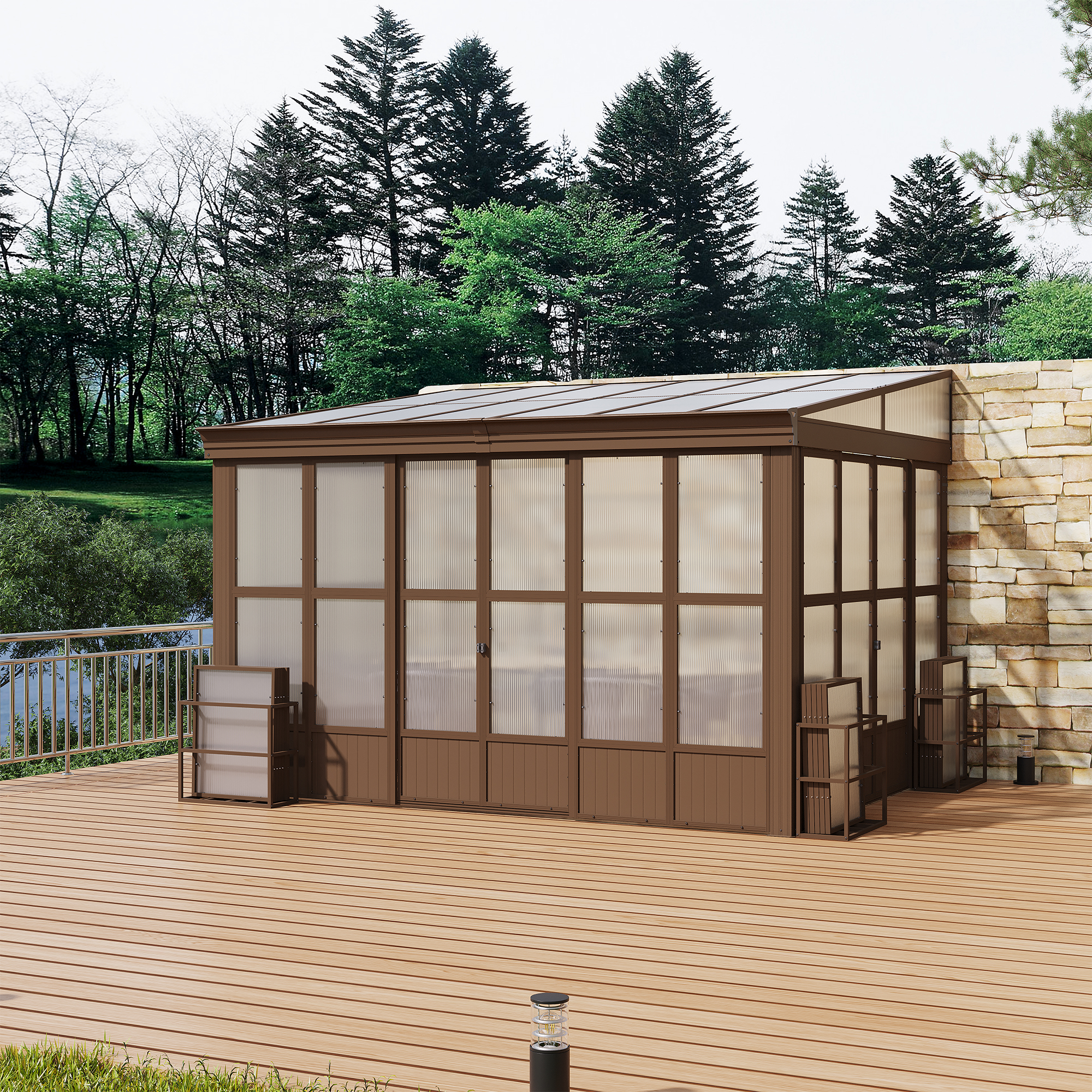 Lean-to Sunroom 10x12FT, Wall Mounted Solarium with Sloping Polycarbonate Roof, Detachable Polycarbonate Screens, 2 Lockable Sliding Doors, Aluminum Gazebo Against Wall Sun Room for Patio Deck
