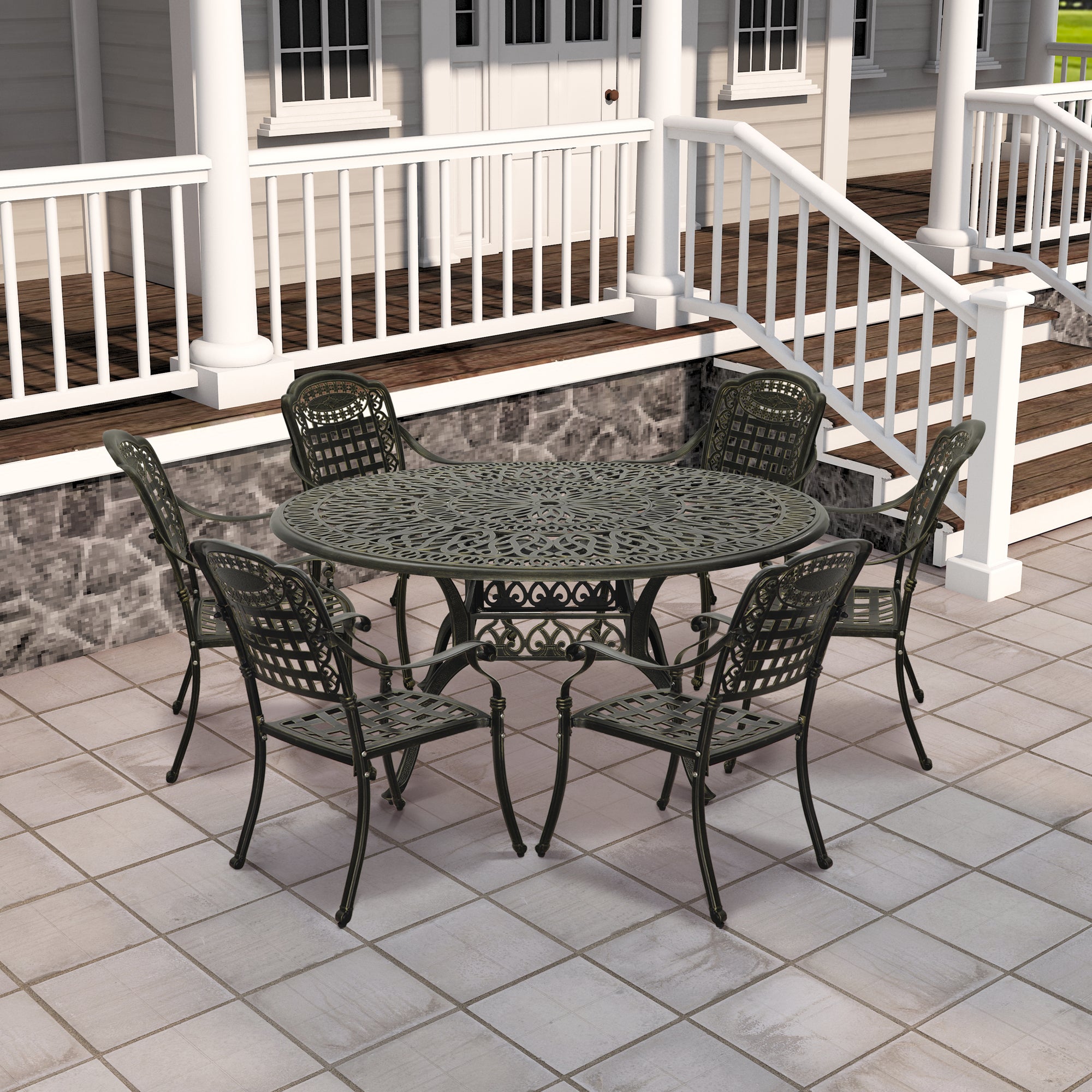 Cast Aluminium Patio-Set 7-Piece Bronze Patio Dining Set Aluminum Round Table with 6 Stationary Chairs, Suitable for backyards, patios, balconies and gardens