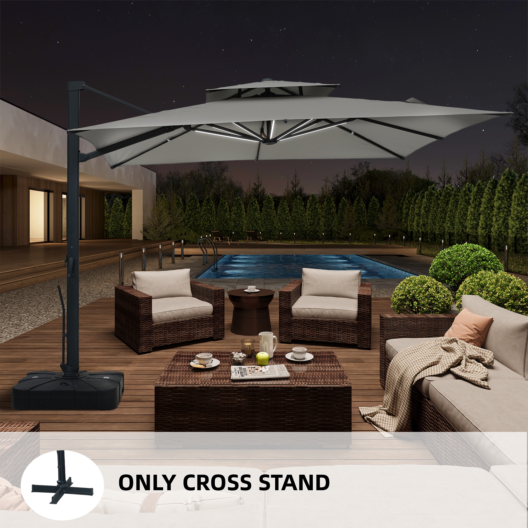 10-Ft Aluminum Patio Cantilever Umbrella with Base and Removable Lights