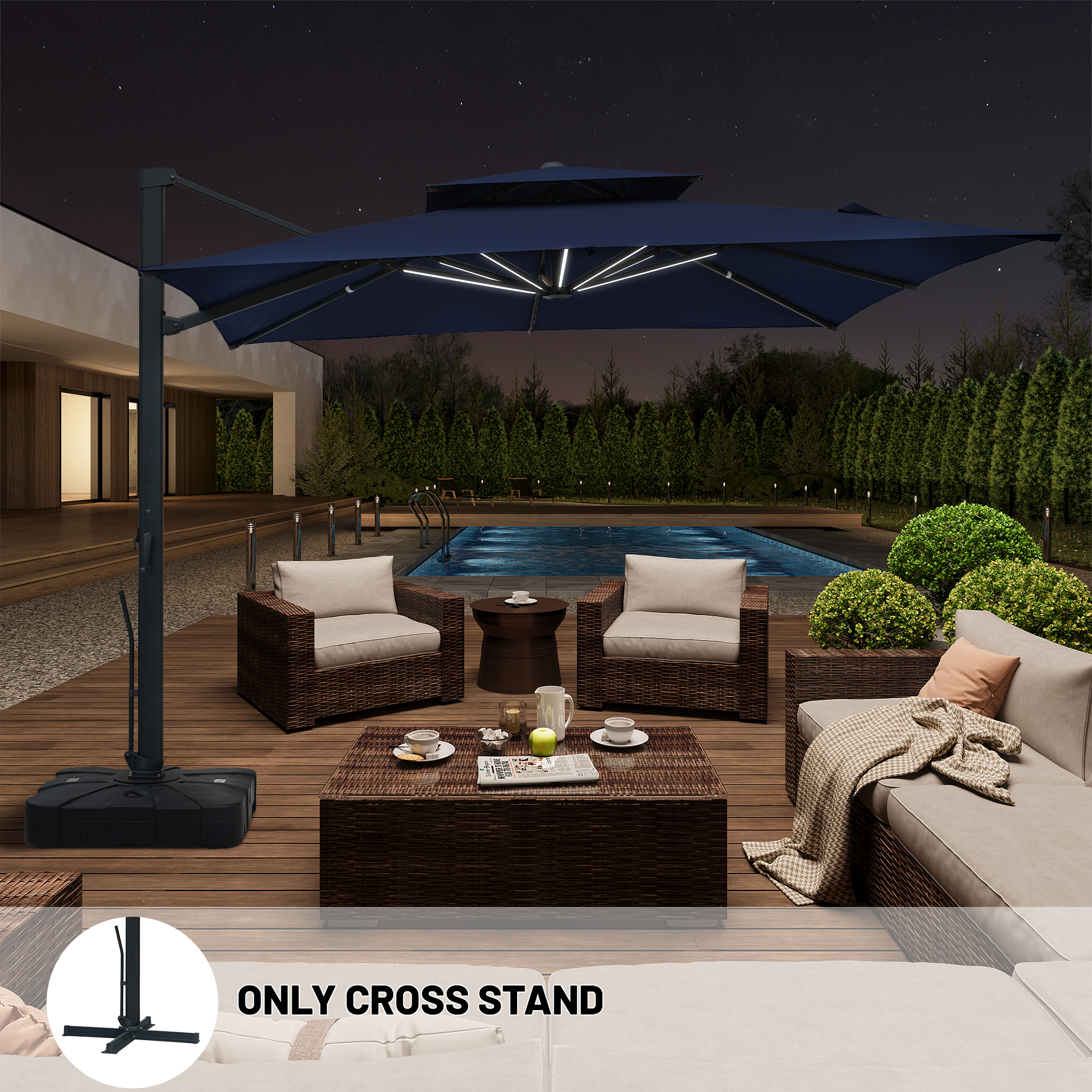 10-Ft Aluminum Patio Cantilever Umbrella with Base and Removable Lights