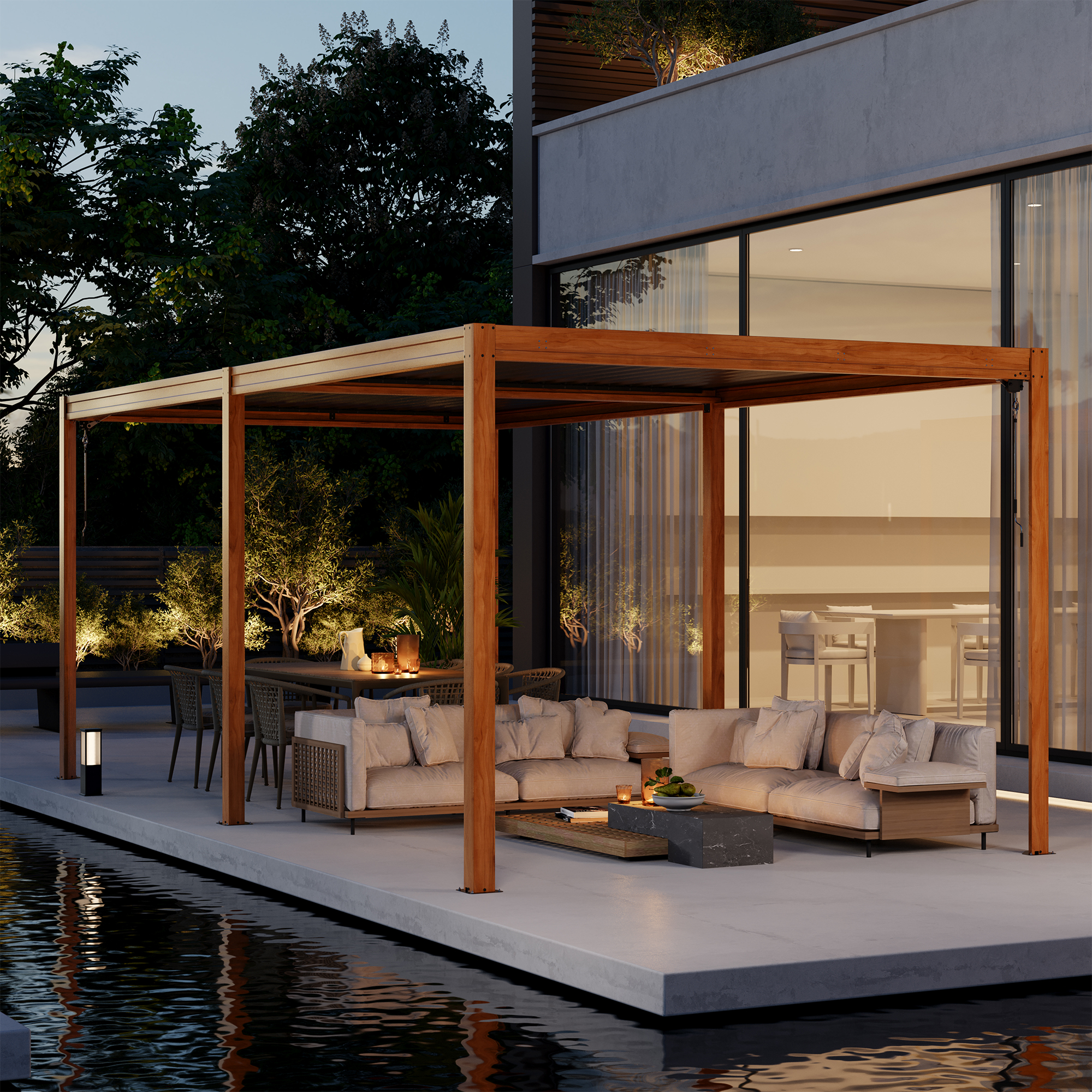 Louvered Pergola 10X20FT, Wood Grain Aluminum Pergola with Adjustable Roof, Wood Looking Aluminum Frame, Efficient Drainage System, Outdoor Pergola for Patio, Deck, Garden