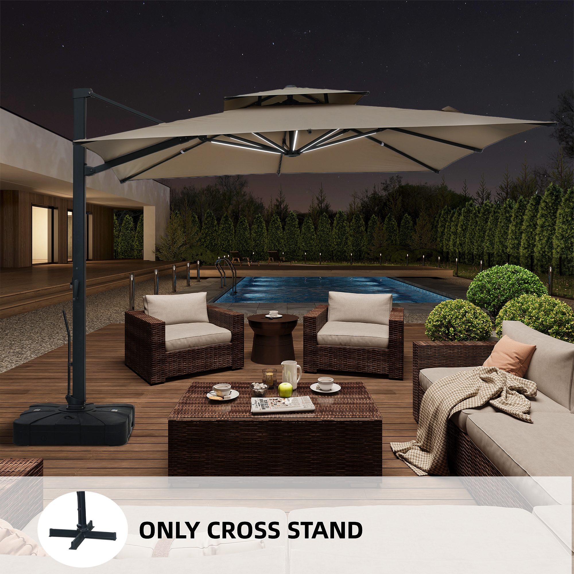 10-Ft Aluminum Patio Cantilever Umbrella with Base and Removable Lights