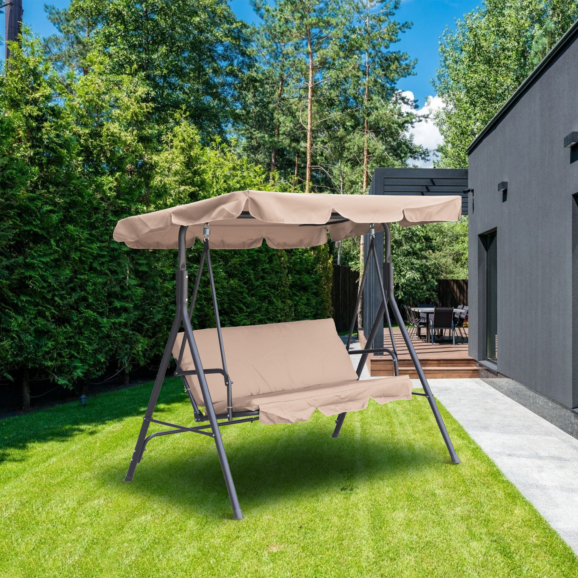 3-Person Steel Frame Outdoor Patio Porch Swing Chair with Adjustable Canopy