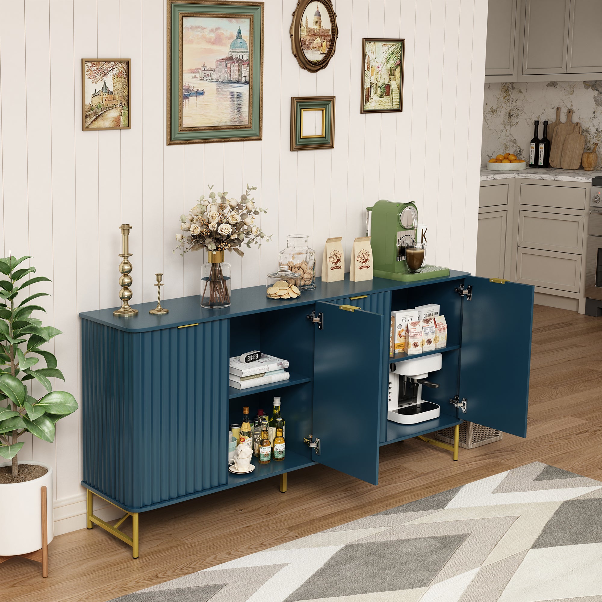 Storage Cabinet with 4 Doors，63 Inch Monden Accent Cabinet，Free-Standing Sideboard with Gold Legs for Hallway, Living Room