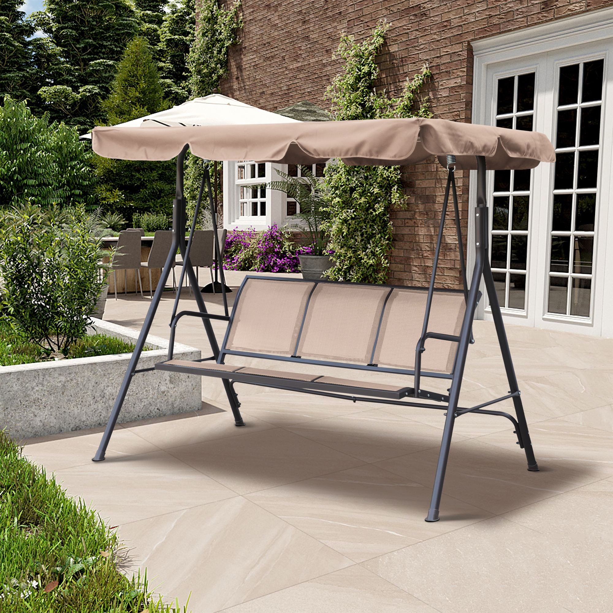 Textilence 3 Seats Steel Frame Patio Swing Chair Swing Glider with Removable Canopy