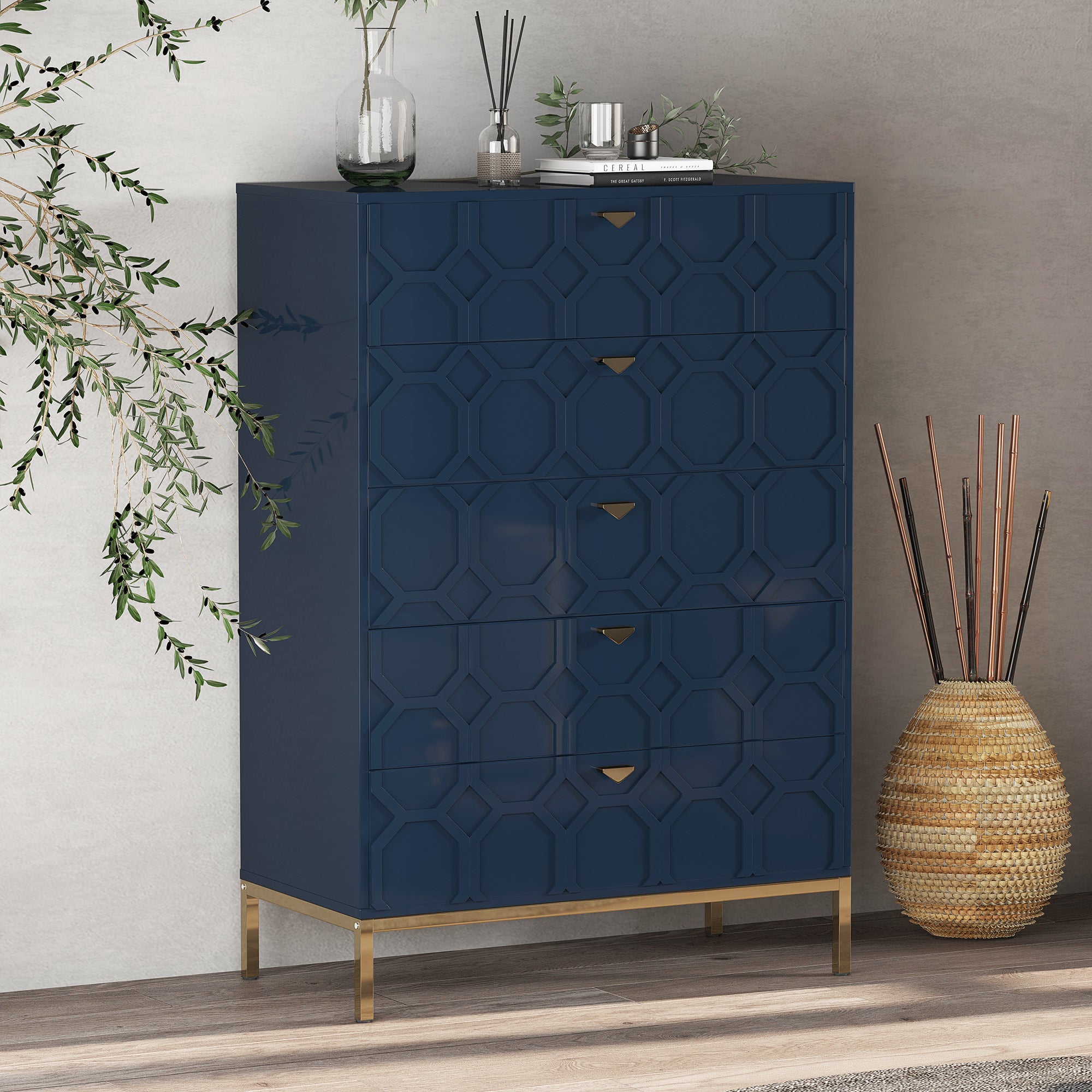 49.2 in. H Freestanding Storage Cabinet White 5 Drawer Accent Cabinet