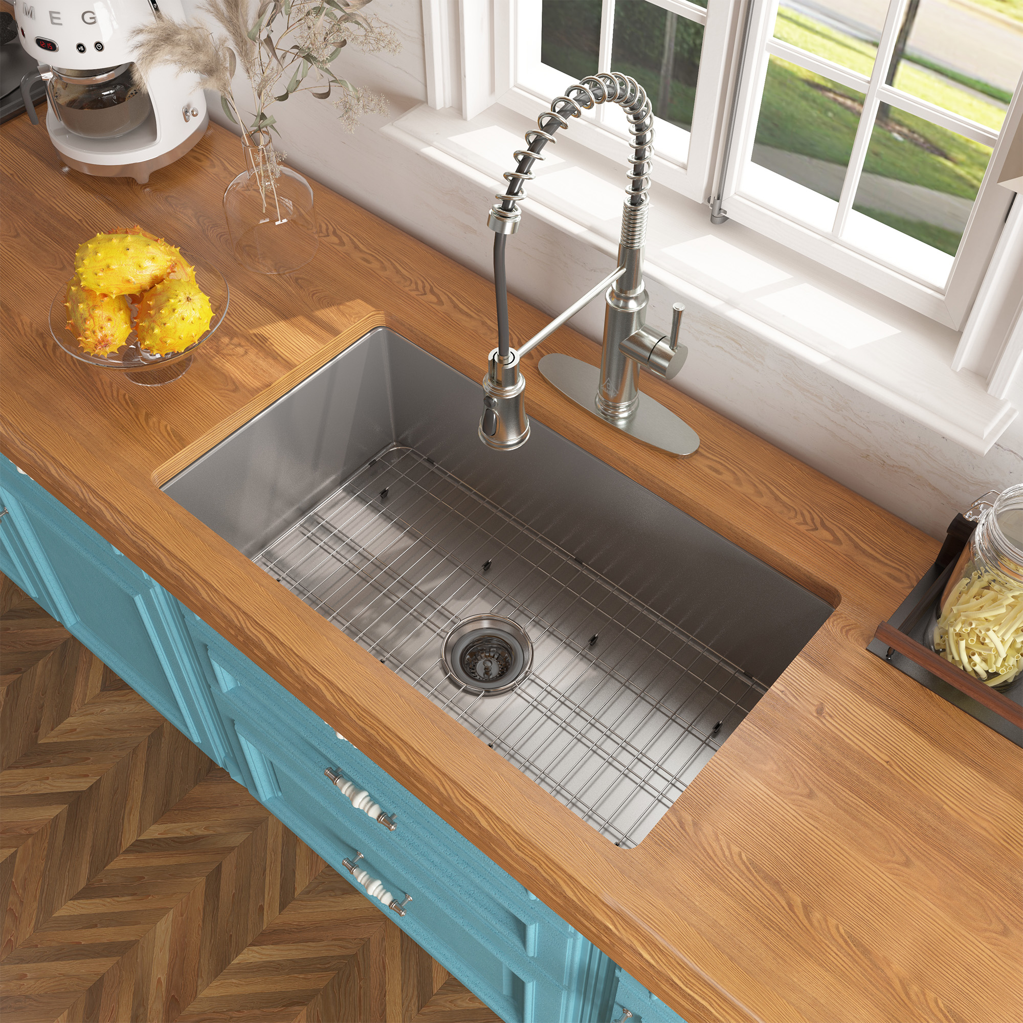 Matte Gray ingle Bowl Fireclay Kitchen Sink with Grid and Drainer，Undermount