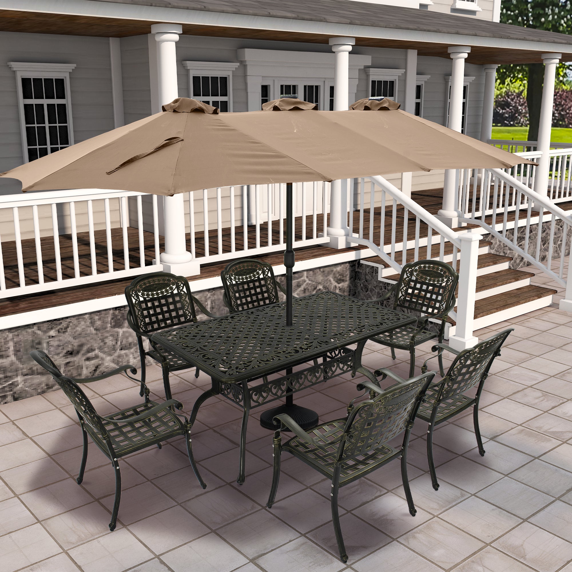 Mondawe Cast Aluminium Patio-Set 7-Piece Bronze Patio Dining Set Aluminum Rectangle Table with 6 Stationary Chairs