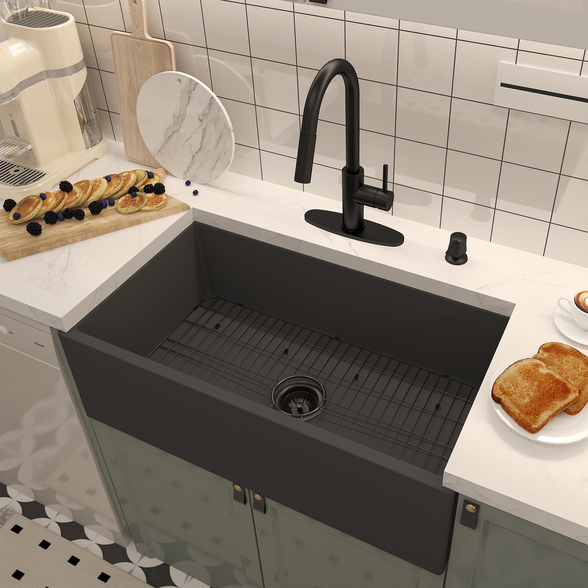 Boyel Living 33 in. Farmhouse/Apron-Front Single Bowl Black Earth S4 Concrete Kitchen Sink with Bottom Grid and Strainer Basket