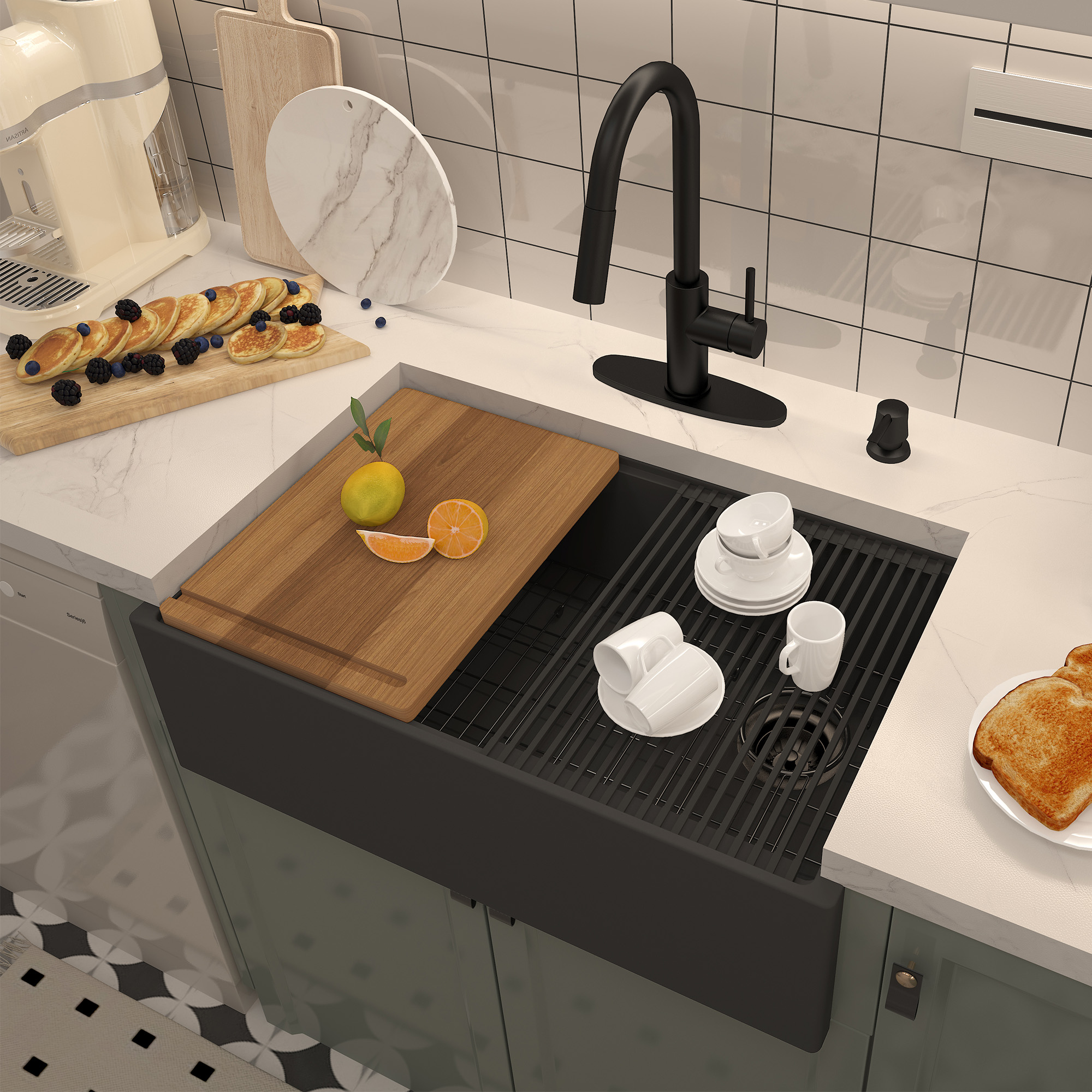 30 in. Farmhouse/Apron-Front Single Bowl Black Earth Concrete Kitchen Sink with Cutting Board, Rolling Drying Rack, Grid